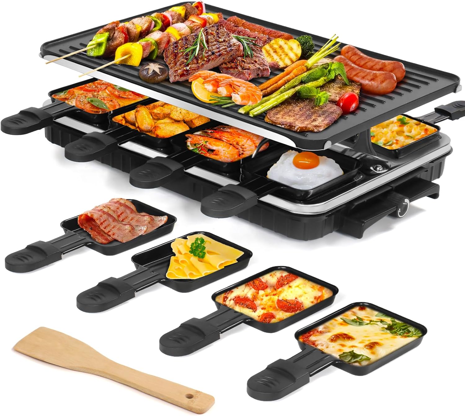 Raclette Grill, Indoor Grills Electric Smokeless Korean BBQ Grill Table, 2 in 1 Electric Griddle Nonstick with 8 Raclette Cheese Pans Adjustable Temperature Control 1300W Ideal for Family & Party Fun