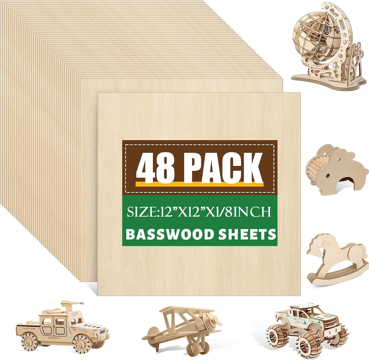 48 Pack Basswood Sheets 1/8x12x12 Inch, Unfinished Wood for Crafts, 3mm Basswood for Laser Cutting & Engraving, Wood Burning,Architectural Models, Plywood Board for Painting.