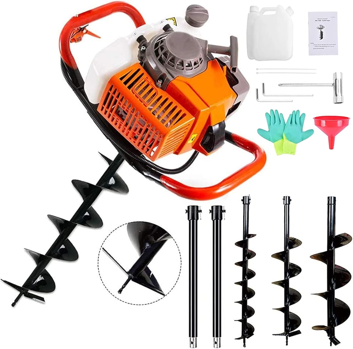 72cc Post Hole Digger 2-Stroke Petrol Gas Powered Earth Digger with 2 Extension Rods + 3 Auger Drill Bits (4" 8" & 12") for Farm Garden Plant