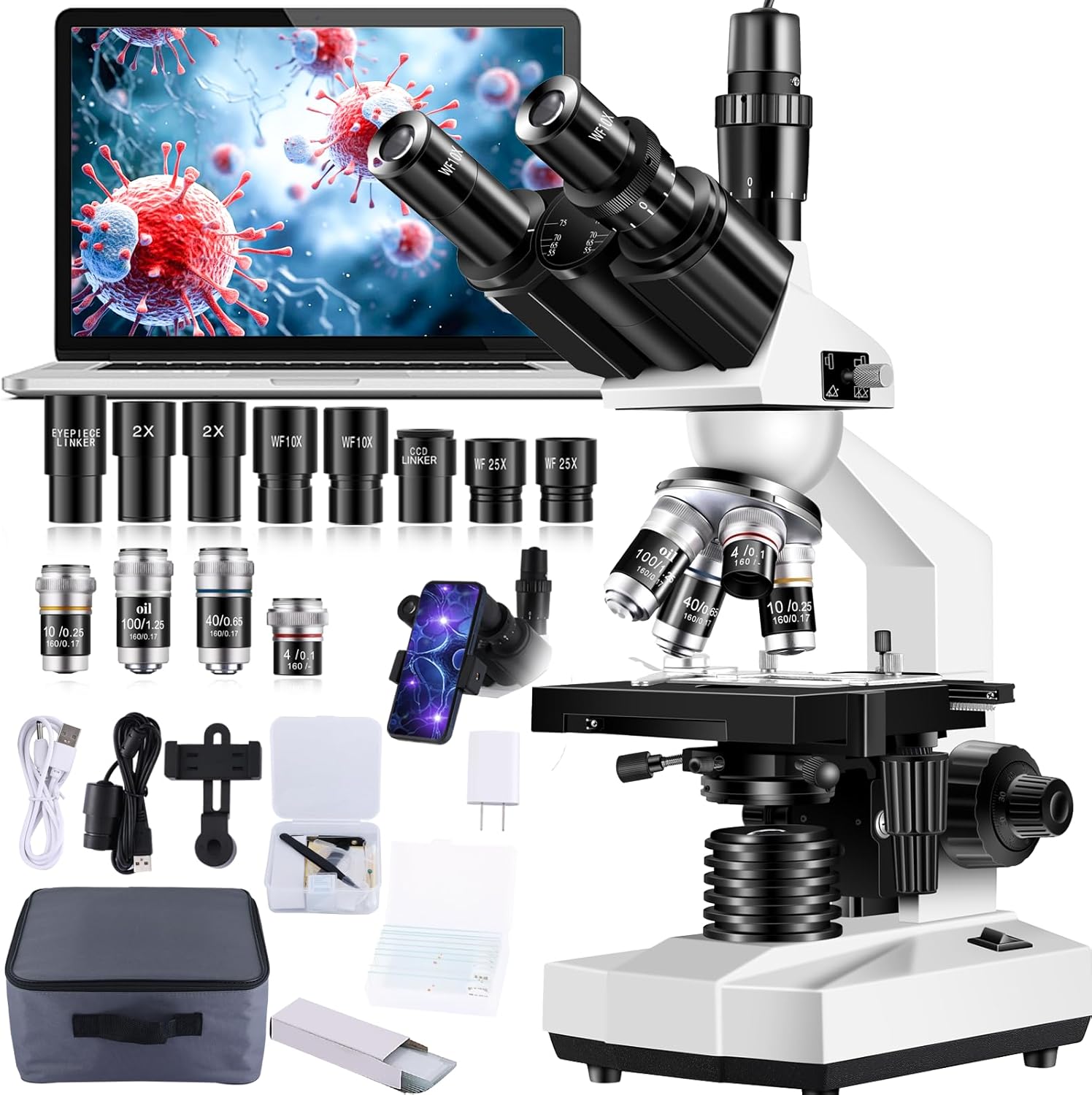 Trinocular Microscope 40X-5000X Magnification Laboratory Grade with Dual Mechanical Stage and HD USB Camera Microscope for Adults