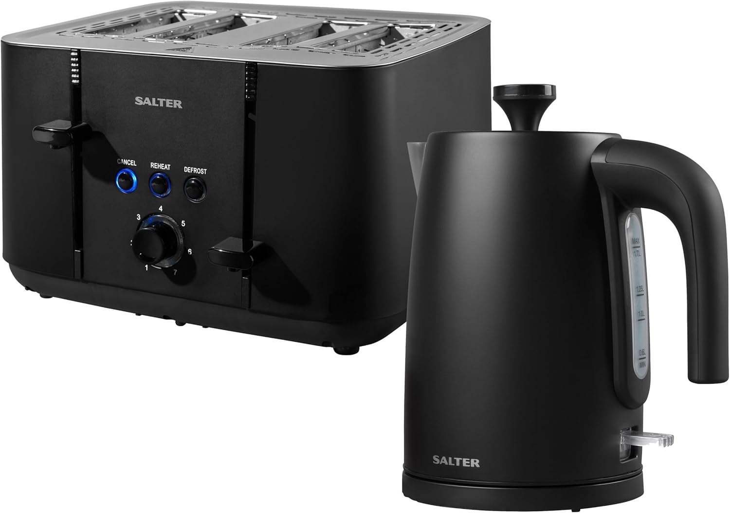 Salter COMBO-8824 Kuro Set – Black 1.7L Capacity Fast Boil Kettle with Limescale Filter, 4-Slice Self-Centring Anti-Jamming Electric Toaster, Defrost/Reheat/Cancel, 3kW/1850W, Plastic