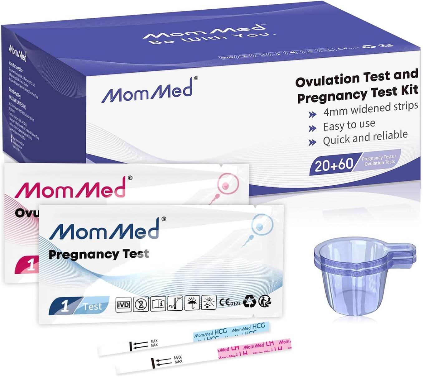 MomMed Pregnancy Test Strips (HCG20-LH60), Includes 20 Pregnancy Tests, 60 Test Strips, 80 Urine Cups, Easy to Use Ovulation Predictor Kit, Accurate Fertility Test for Women