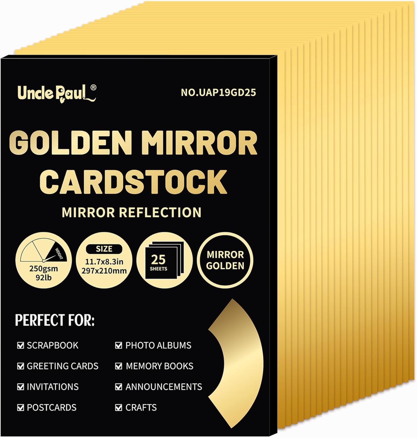 A4 Golden Mirror Cardstock Paper, 25 Sheets 250gsm/92Ib Metallic Reflective Paper for Crafts, Foil Cardstock for DIY Projects Birthday Party Decoration UAP19GD25