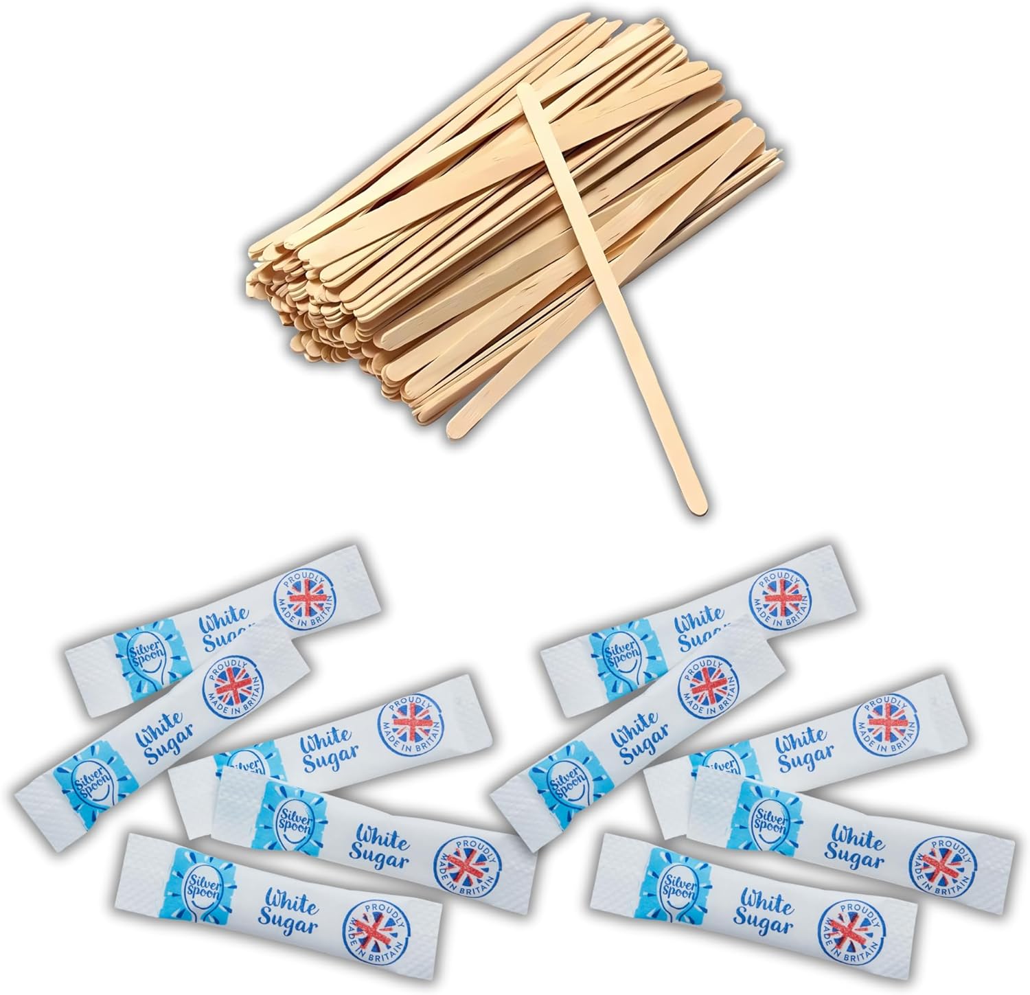 200 White Sugar Sticks & 100 Wooden Coffee Stirrers, Disposable & Eco-Friendly 140mm – Silverspoon Sugar Sachets, Granulated Sugar, Stirring Sticks for Hot Drinks – Espresso Yourself