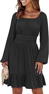 ANRABESS Womens Dress Long Lantern Sleeve Square Neck Elastic Waist Ruffle Flowy Swing A-Line Short Dresses 2024 Fall Fashion
