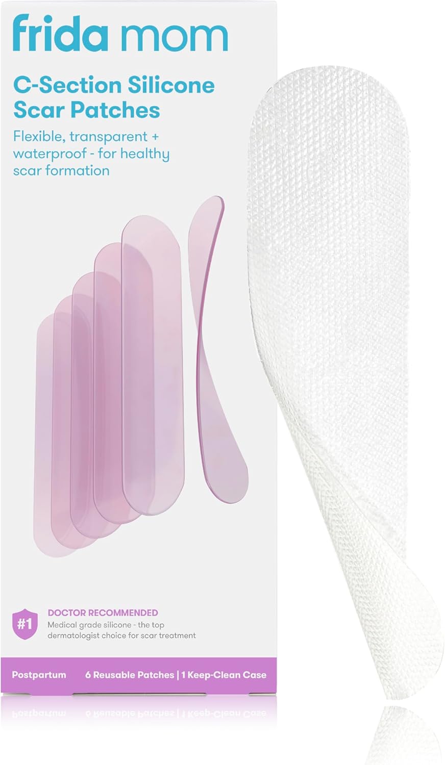 Frida Mom C-Section Silicone Strips: C-Section Recovery Must Have Scar Patches, Reusable Medical Grade Treatment for Keloid Scars, 20cm Length, 6 Count + Keep-Clean Case