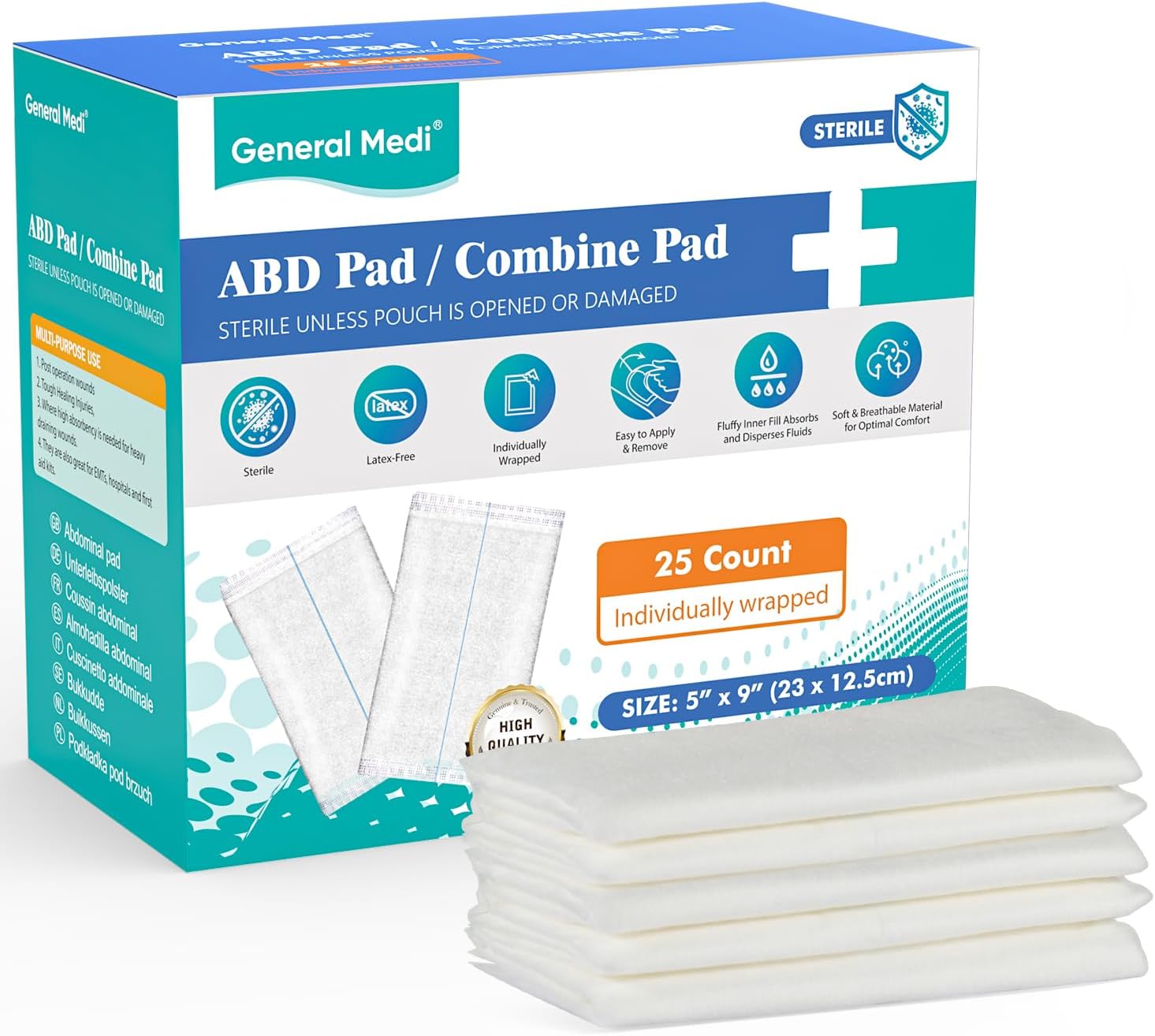 General Medi Sterile Abdominal Combine Pads - 25 Count 5" x 9" Individually Wrapped Absorbent & Thick Pads