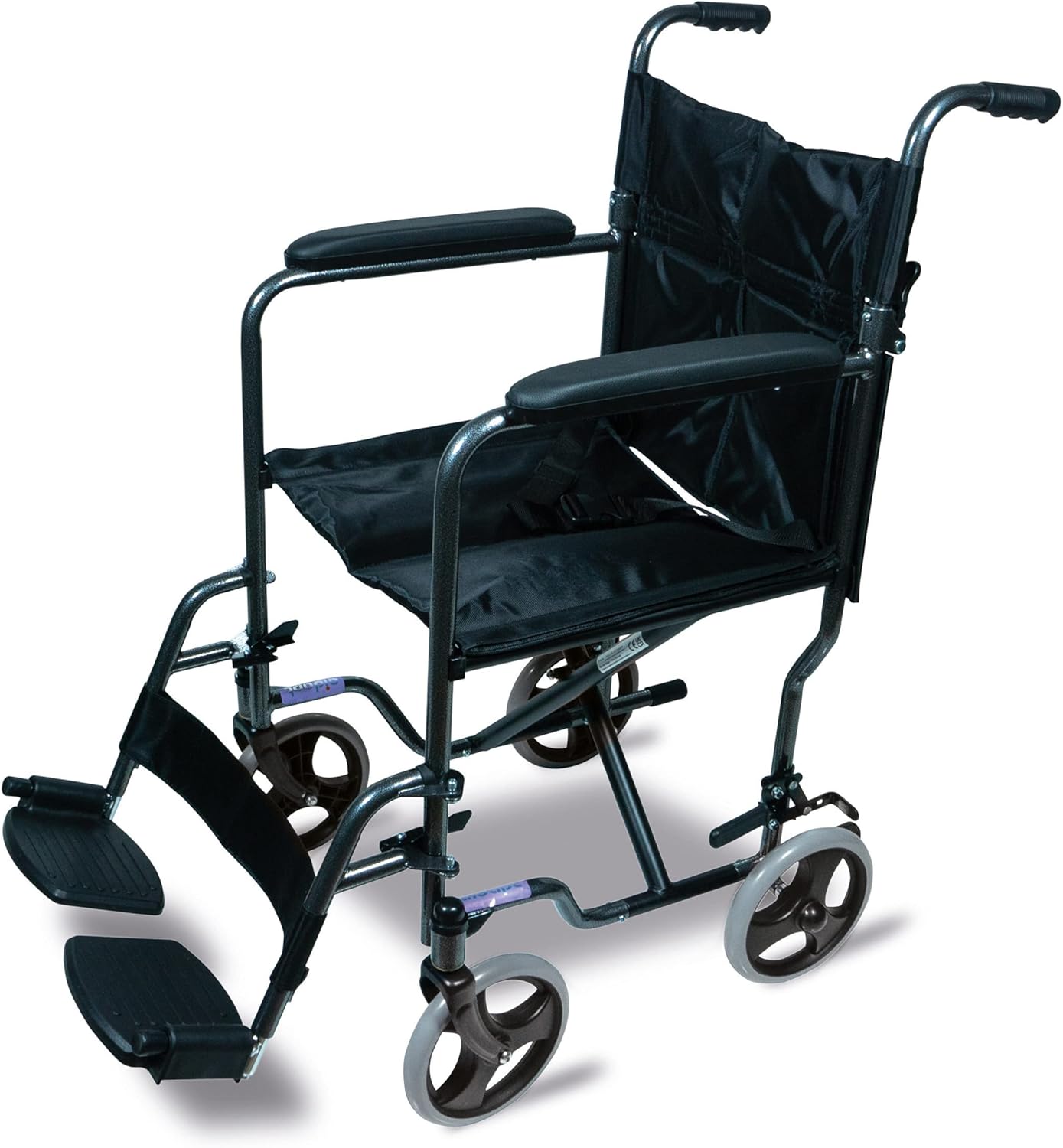 Aidapt Folding Lightweight Attendant Propelled Steel Wheelchair with Brakes, Lap Strap, Removable Foot Rests. Ideal for Every Day Use Indoors and Outside