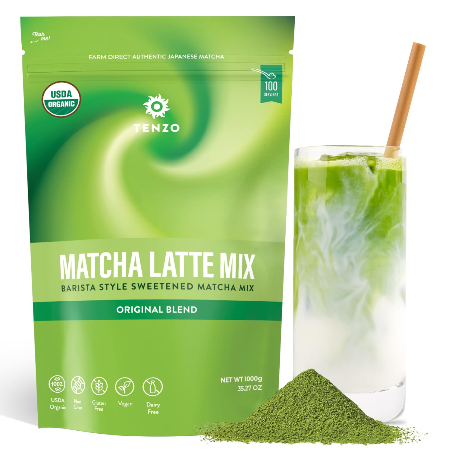 Tenzo Matcha Green Tea Powder, Organic Cafe Sweetened Matcha Latte Green Tea Powder, Ceremonial Barista Crafted Mix - Authentically Japanese - Matcha Latte Mix (35.27 Ounce)