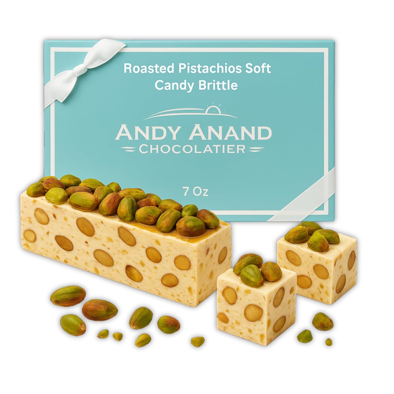 Andy Anand Chocolatier Gluten Free Roasted Pistachios Soft Nougat Brittle - Made in Europe Luxuriously Creamy Feel Almond Nougat Candy, Made With Wildflower Honey & Roasted Nuts (7 Oz)