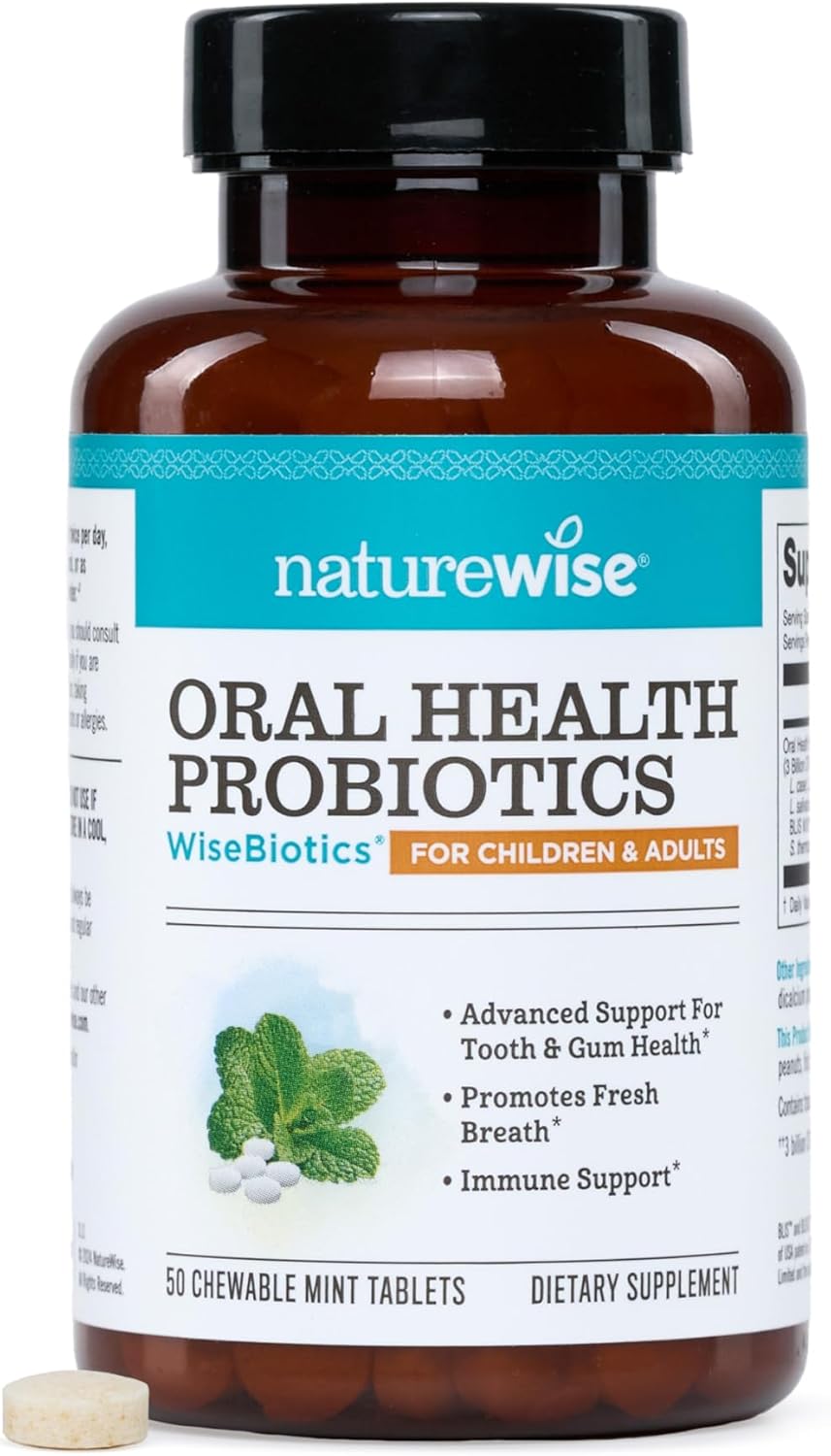 NatureWise Oral Probiotics for Teeth and Gums + Fresh Breath* - Chewable Sugar-Free Mint Tablet - Lactobacillus reuteri Chewable - Oral Health Probiotics For Kids & Adults - 50 Count[50-Day Supply]