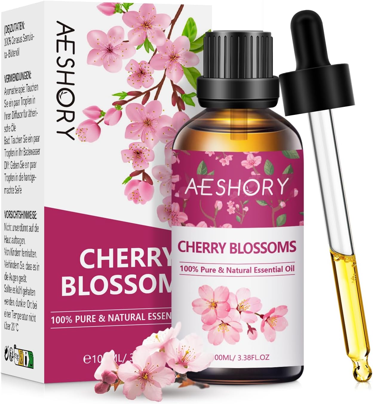 AESHORY Cherry Blossom Essential Oil 100ml, Pure Natural Cherry Blossom Fragrance Oil for Diffuser, Aromatherapy, Sleep, Relaxation, Skin Care, Perfume & Candle Making