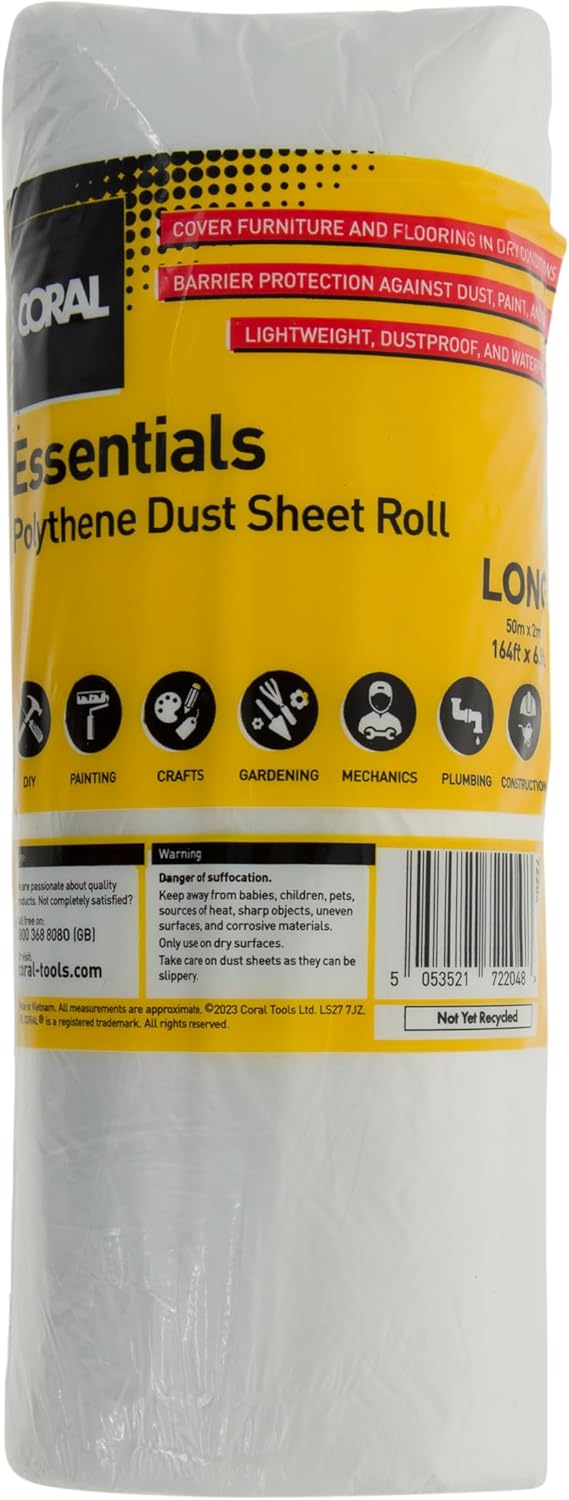 Coral 72204 Essentials 100 Sqm (2M X 50M) Polythene Dust Sheet Roll Drop Cover Spill Splash Protection for Painting