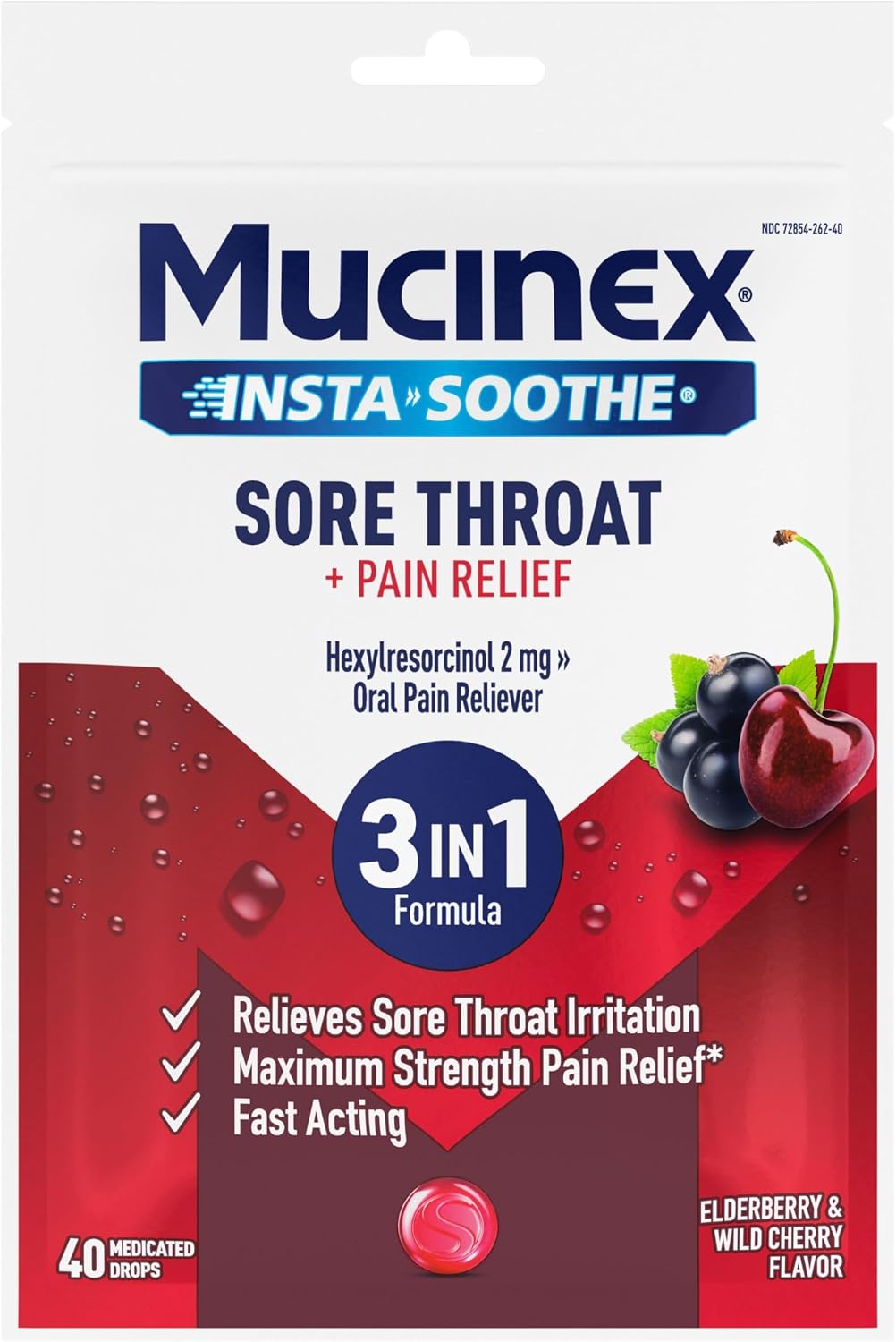 Mucinex InstaSoothe Sore Throat + Pain Relief Elderberry & Wild Cherry Flavor, Fast Acting, Powerful Oral Pain Reliever, 40 Medicated Drops