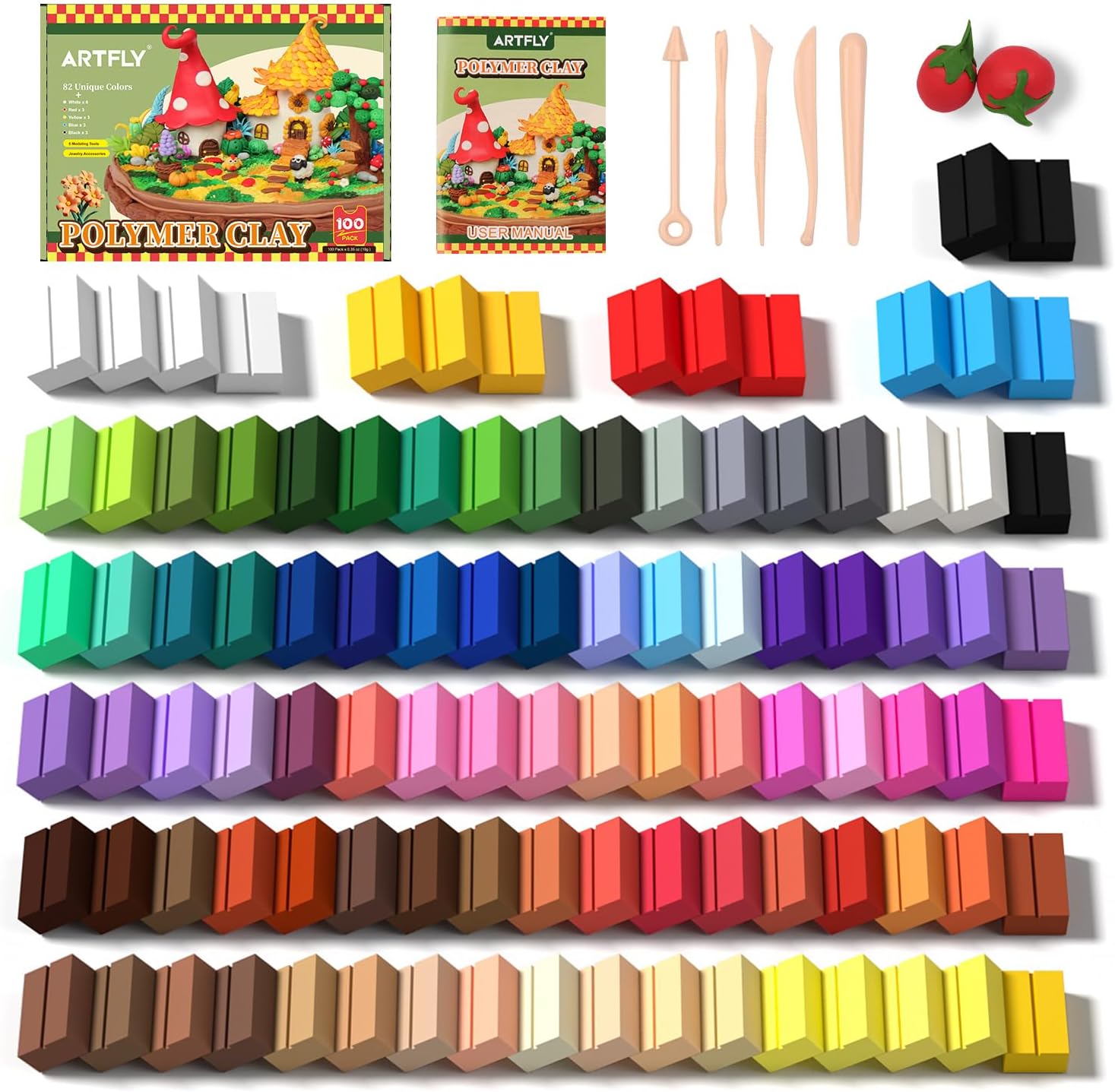 ARTFLY Polymer Clay, 100 Colors Clay Kit, 82 Unique Colors & Extra Basic Colors Oven Bake Modeling Clay Kit with Sculpting Tools and Jewelry Accessories, Non-Toxic, Ideal DIY Gifts for Adults & Teens