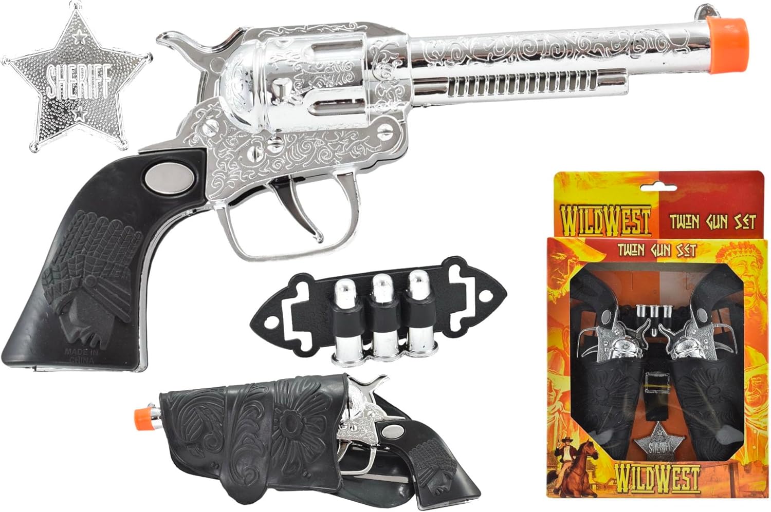 Wild Wild West Cowboy Sheriff Twin Gun Dress Up Set Complete with Holster Belt with Two Toy Guns, Bullets and Badge, Kids Pretend Role Play Fancy Dress Playset (10 Piece Wild West Cowboy Set