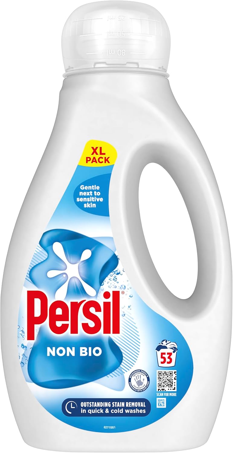 Persil Non Bio Laundry Washing Liquid Detergent outstanding stain removal in quick & cold washes tough on stains, gentle next to sensitive skin 53 washes (1.431 L)