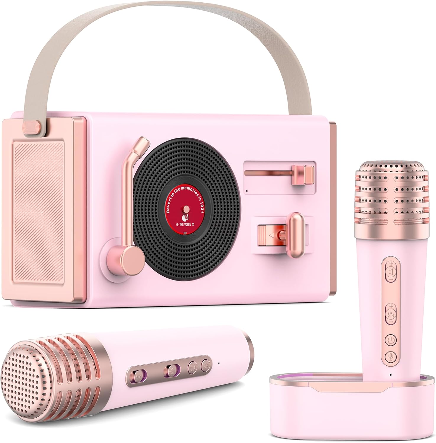 WowMoment Mini Karaoke Machine for Kids&Adults,Portable Bluetooth Speaker with 2 Wireless Microphones and Stereo Sound Enhanced Bass,Gifts for Girl Unpowered Cabinets-Pink