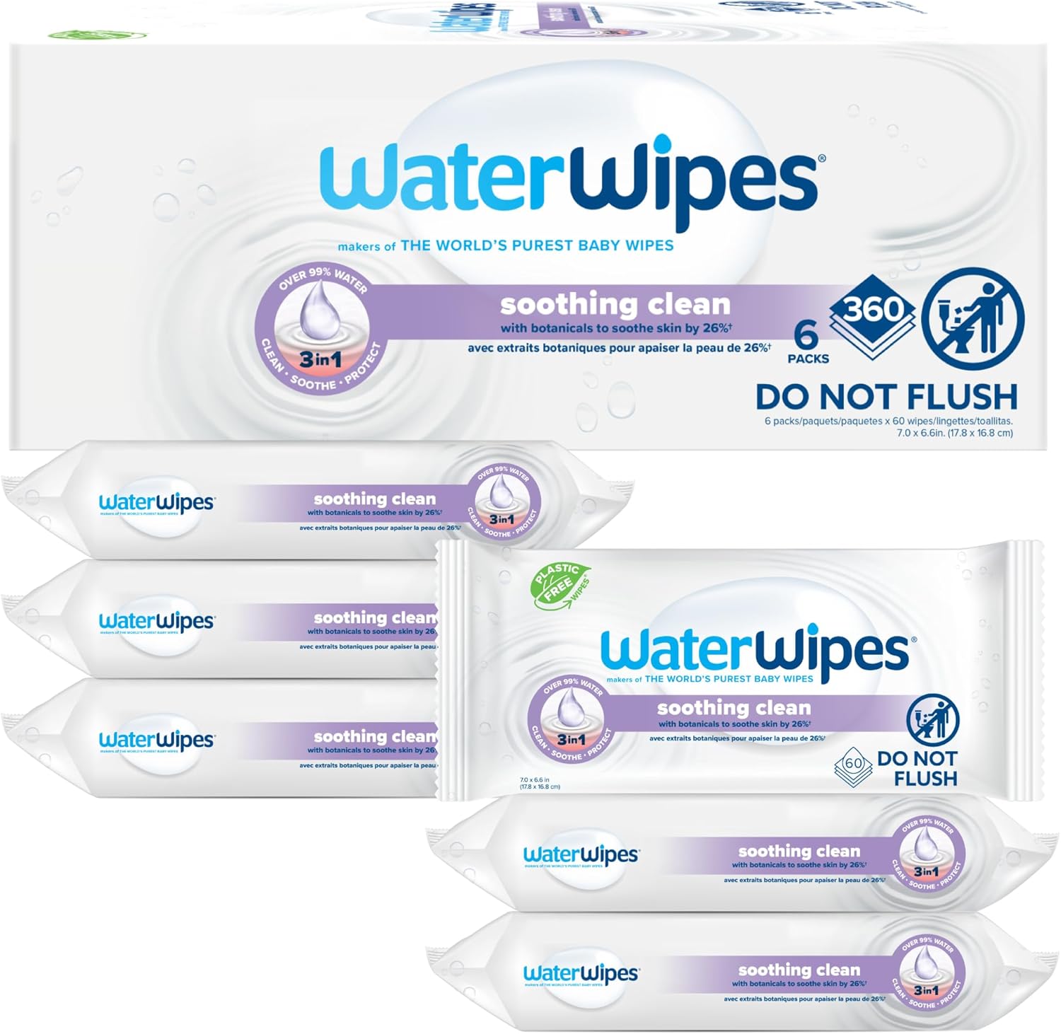 WaterWipes Soothing Clean Baby Wipes, 99% Water-Based Formula with Botanical Extract to Soothe & Protect Skin, Unscented & Hypoallergenic, 360 Count (6 Packs)