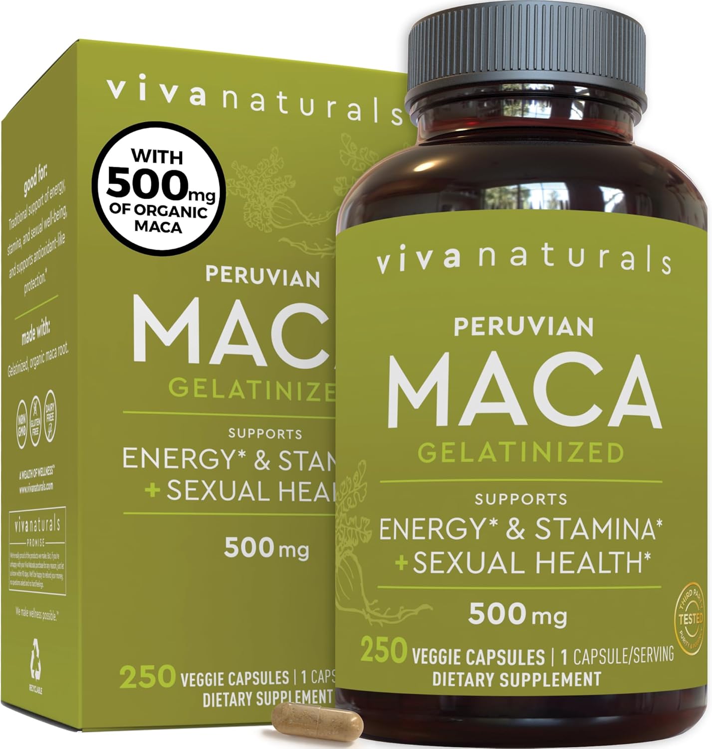 Viva Naturals Peruvian Maca Root Supplement for Women & Men, 500mg - Traditionally Used to Support Sexual Well-Being, Stamina & Endurance - 250 Yellow Maca Root Powder Capsules