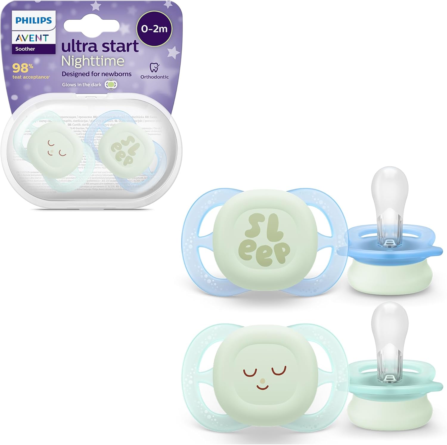 Philips Avent Ultra Start Nighttime Soothers, Orthodontic Dummies Designed for Newborns, Glow in The Dark, Silicone Symmetrical Teat, BPA Free, with Sterilising/Carrying Case, 2 Pack, Model SCF075/08