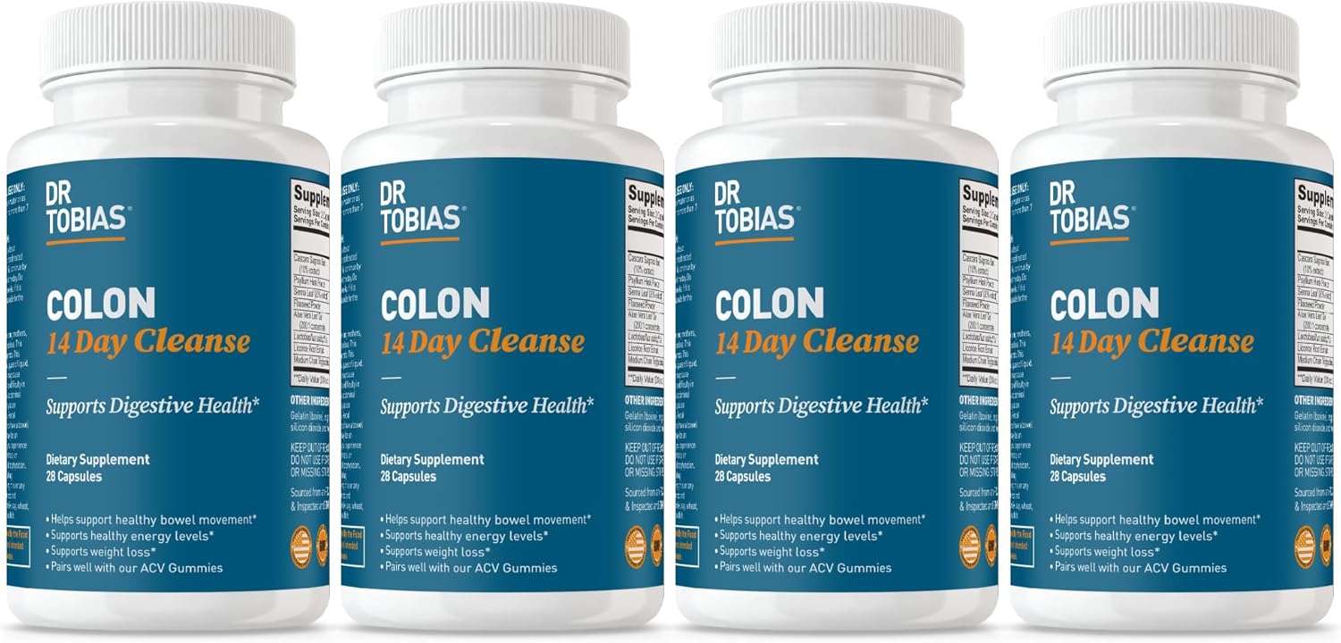 Dr. Tobias Colon Cleanse - Constipation Relief & Gut Health Support for Women & Men | 14 Day Colon Cleanser for a Gentle Colon Detox & Gut Flush - 4 Bottles of 28 Capsules
