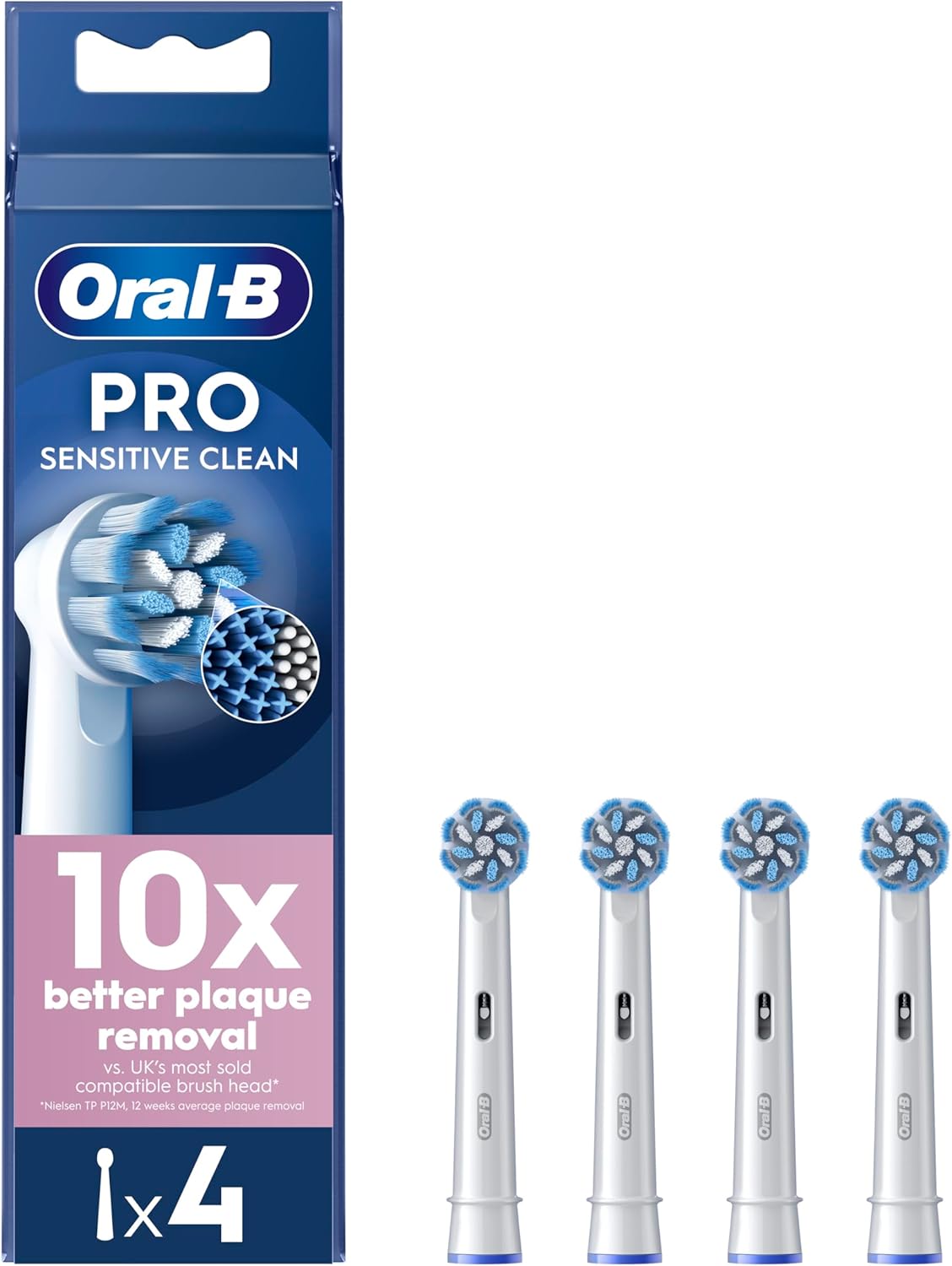 Oral-B Pro Sensitive Clean Electric Toothbrush Head, X-Shaped & Extra Soft Bristles for Gentle Brushing & Plaque Removal, Pack of 4 Toothbrush Heads, White