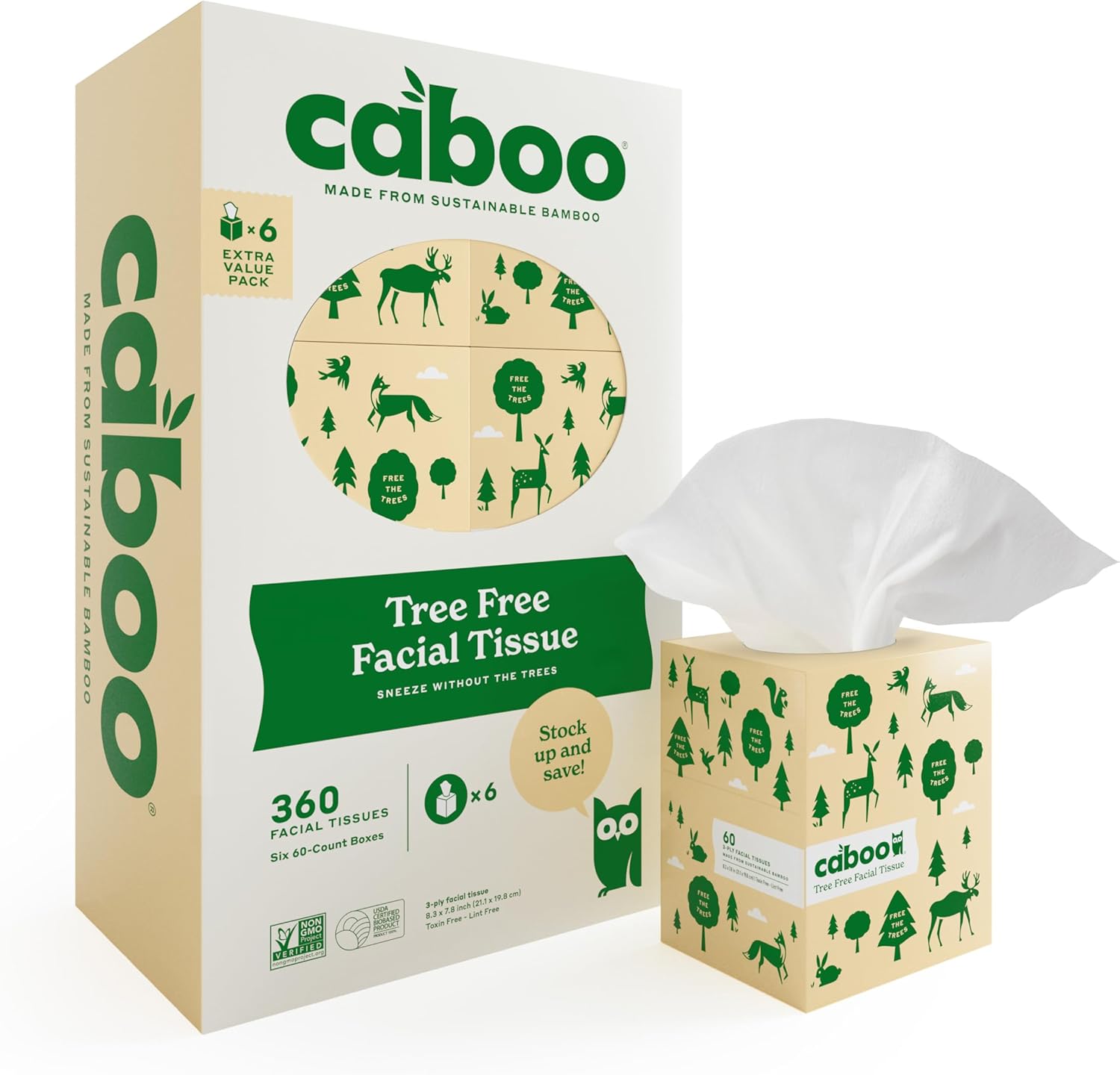 Caboo Tree Free Facial Tissue Paper, Tissue Box with 60 Sheets Per Cube, Total of 6 Cubes, 360 Total Tissues