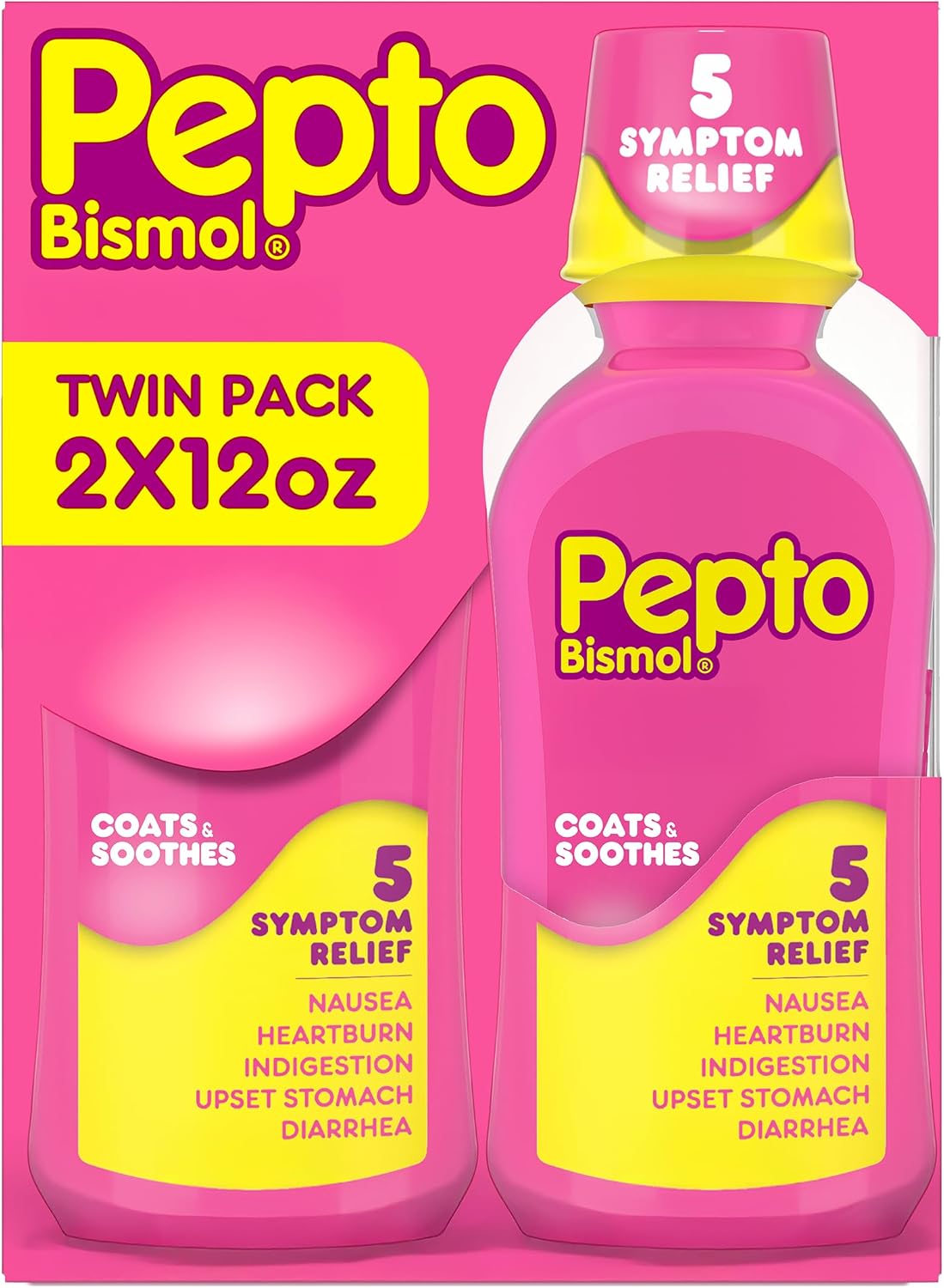 Pepto Bismol Liquid, Upset Stomach Relief, Nausea Relief, Heartburn Relief, Indigestion Relief, Anti Diarrhea Medication for Adults - 5 Symptom Fast Relief, 2x12 oz (Packaging May Vary)