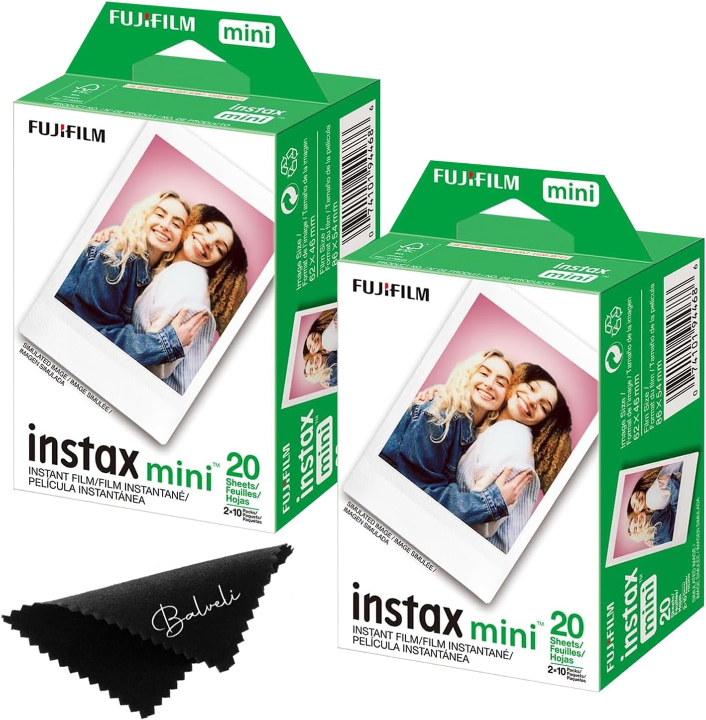 Fujifilm Instax Mini Film - Twin Packs (40 EXP Total), ISO 800, Compatible with Instax Mini Evo, 12, 11, 9 Models, Includes Balveli Premium Microfiber Cleaning Cloth