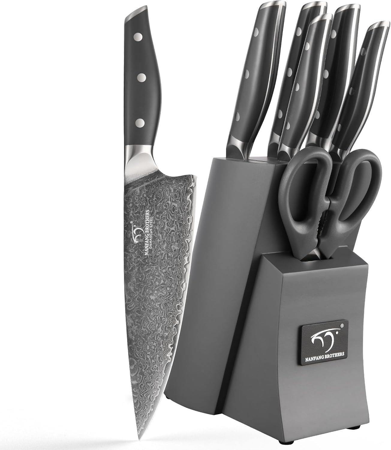 NANFANG BROTHERS Knife Set, 7-Pieces Damascus Kitchen Knife Set with Block, ABS Ergonomic Handle for Chef, Carving Fork, Disconnect-type Knife Block Set (Grey)