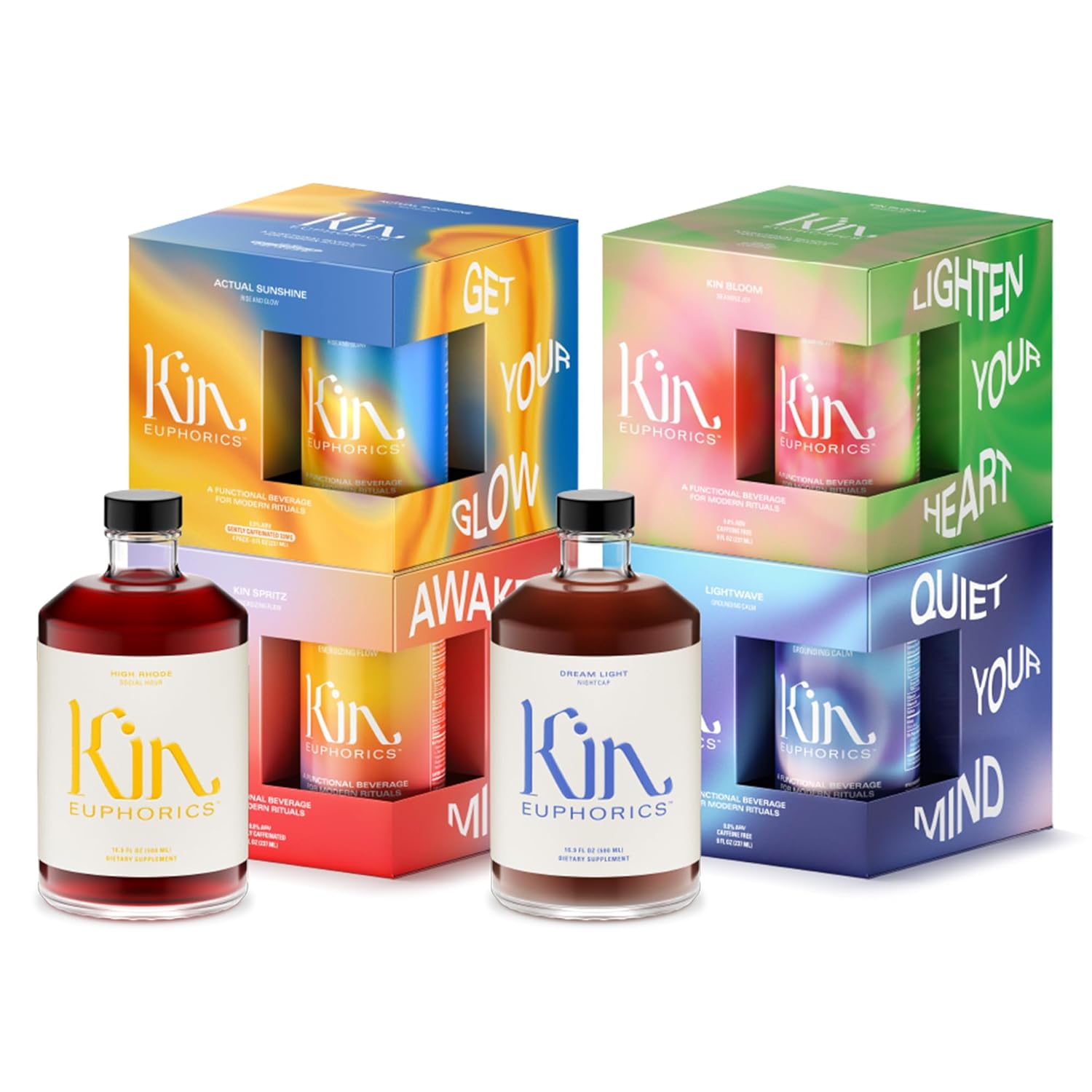 Full Kin Kit by Kin Euphorics, Non Alcoholic Spirits, Adaptogen Drinks, 16 8 Fl Oz Cans (Kin Spritz, Kin Bloom, Actual Sunshine, Lightwave), 2 x 16.9 Fl Oz Bottles (High Rhode, Dream Light)