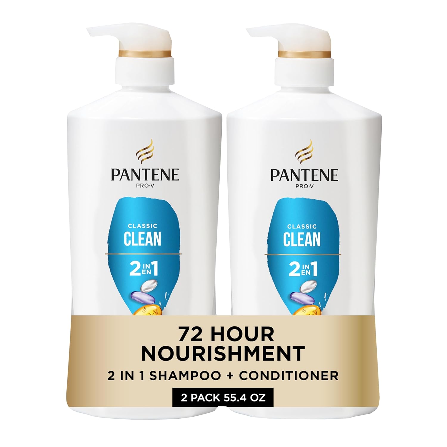Pantene 2-in-1 Shampoo & Conditioner, Classic Clean - Pro-V Nutrients for Dry, Color-Treated Hair, Healthy Looking Hair Every Wash, Antioxidant-Rich, 27.7 Oz Each, 2-Pack + Rescue Shot (0.5 Oz)
