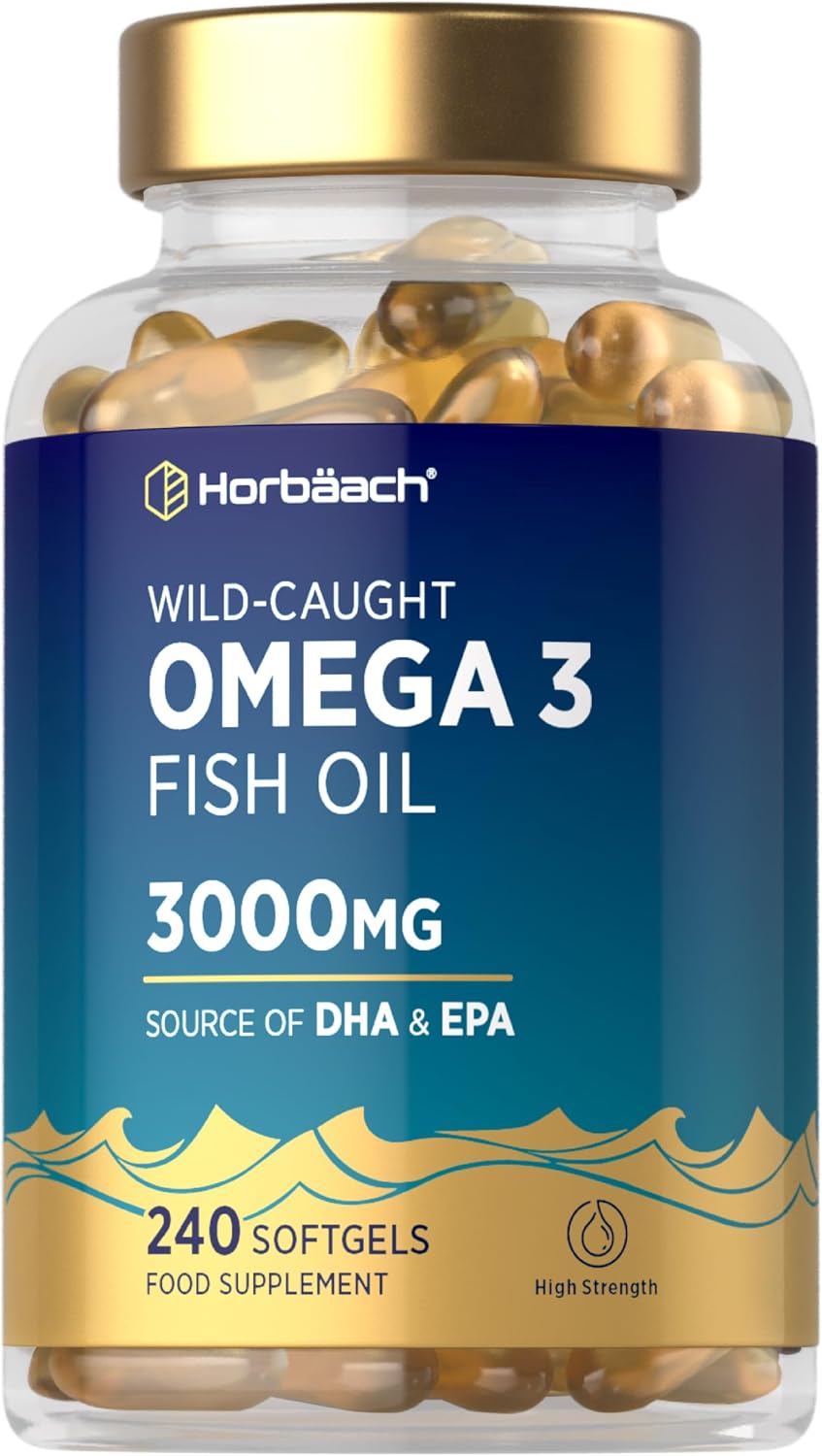 Omega 3 Capsules High Strength Fish Oil | 3000mg | 240 Count | Wild-Caught Fatty Acid Supplement Providing EPA and DHA | By Horbaach