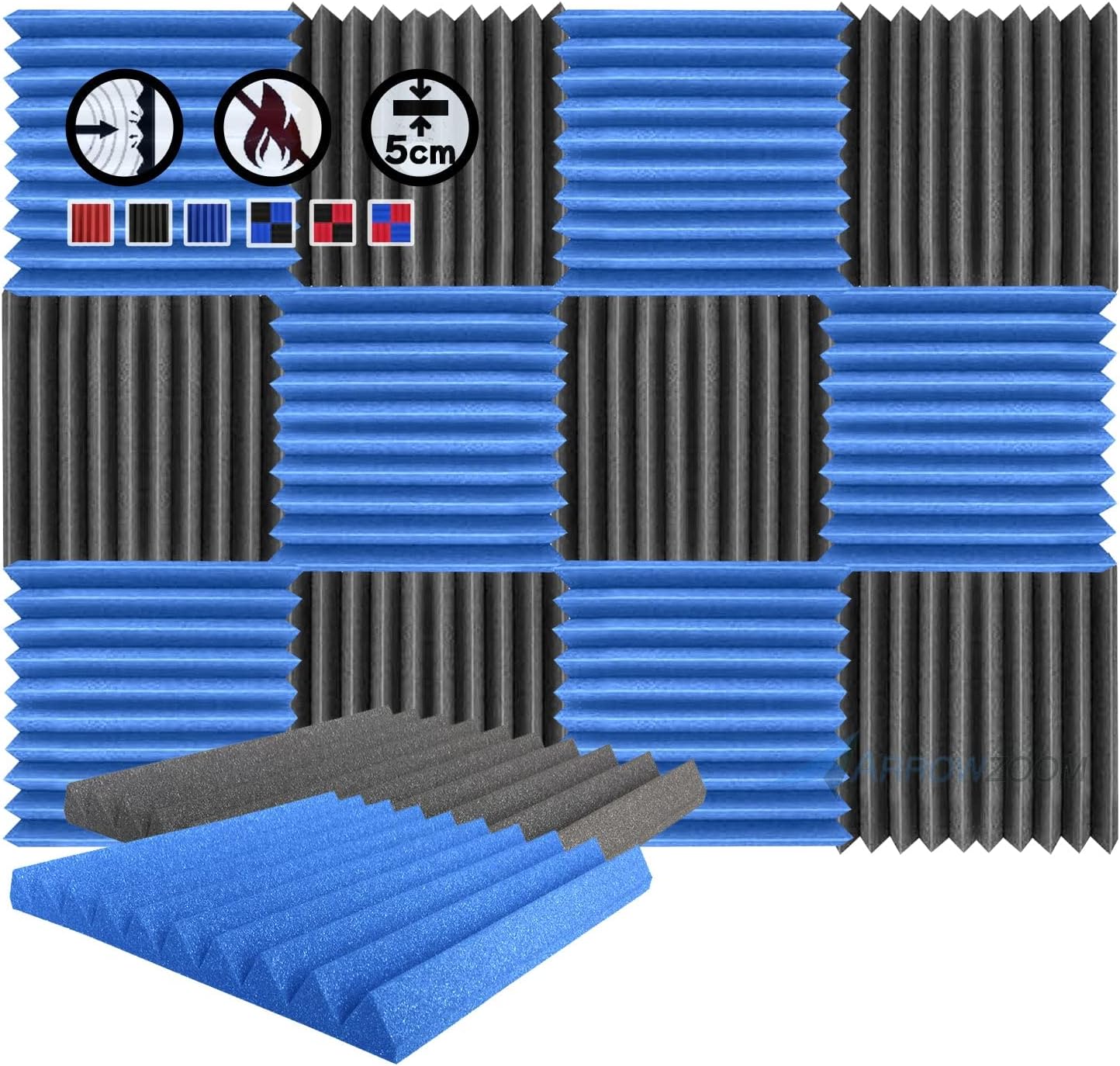 Arrowzoom 12 Acoustic Panels Wedge Sound Absorbing Acoustic Treatment Tiles 50x50x5cm Noise Cancellation 26kg/m3 High Density Acoustical Walls Dampening Foam Fire Retardant 1134 Black Blue
