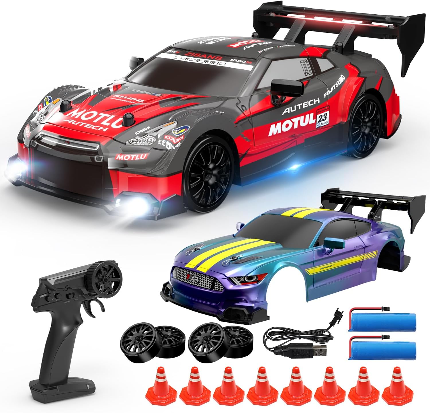 DEERC RC Drift Car, 4WD 2.4GHz Remote Control for Kids W/LED Lights, Car Shell, 2 Rechargeable Batteries, 40mins Playtime, Racing & Drift Wheels, 8 Traffic Cones, Toy Cars for Boys Girls