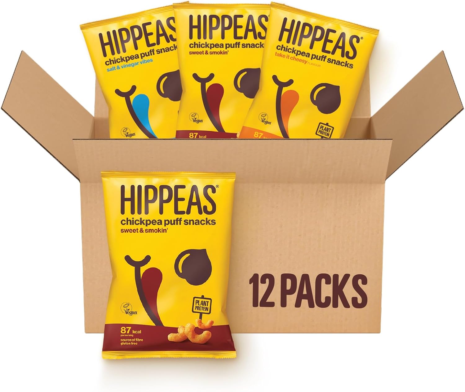 Hippeas Variety Pack Chickpea Puff Vegan Crisps | 12 x 22g Sharing Bags | Plant-Based, Source of Protein & Fibre | Free from Gluten & Artificial Flavours | Light & Crunchy - 91 calories per serving