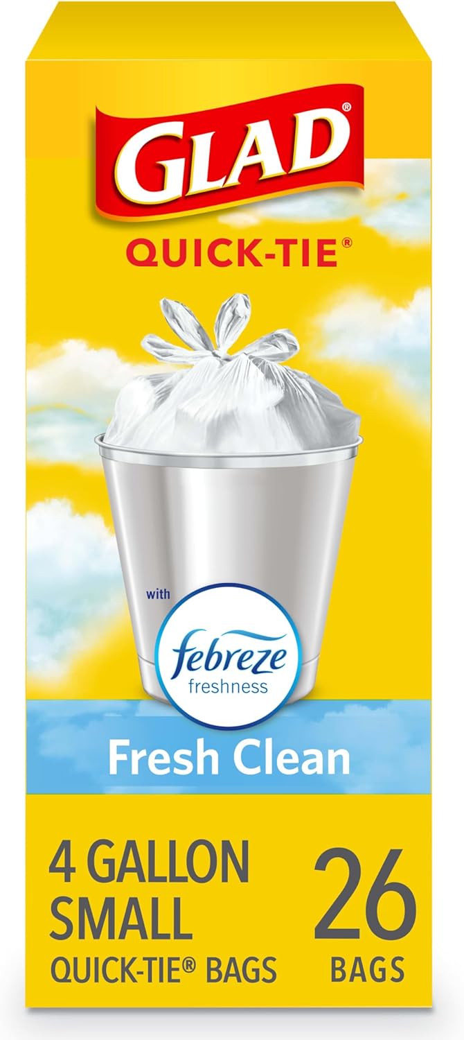 Glad Trash Bags, Small Garbage Bags - OdorShield 4 Gallon White Trash Bag, Gain Fresh Scent with Febreze - 26 Count (Package May Vary)