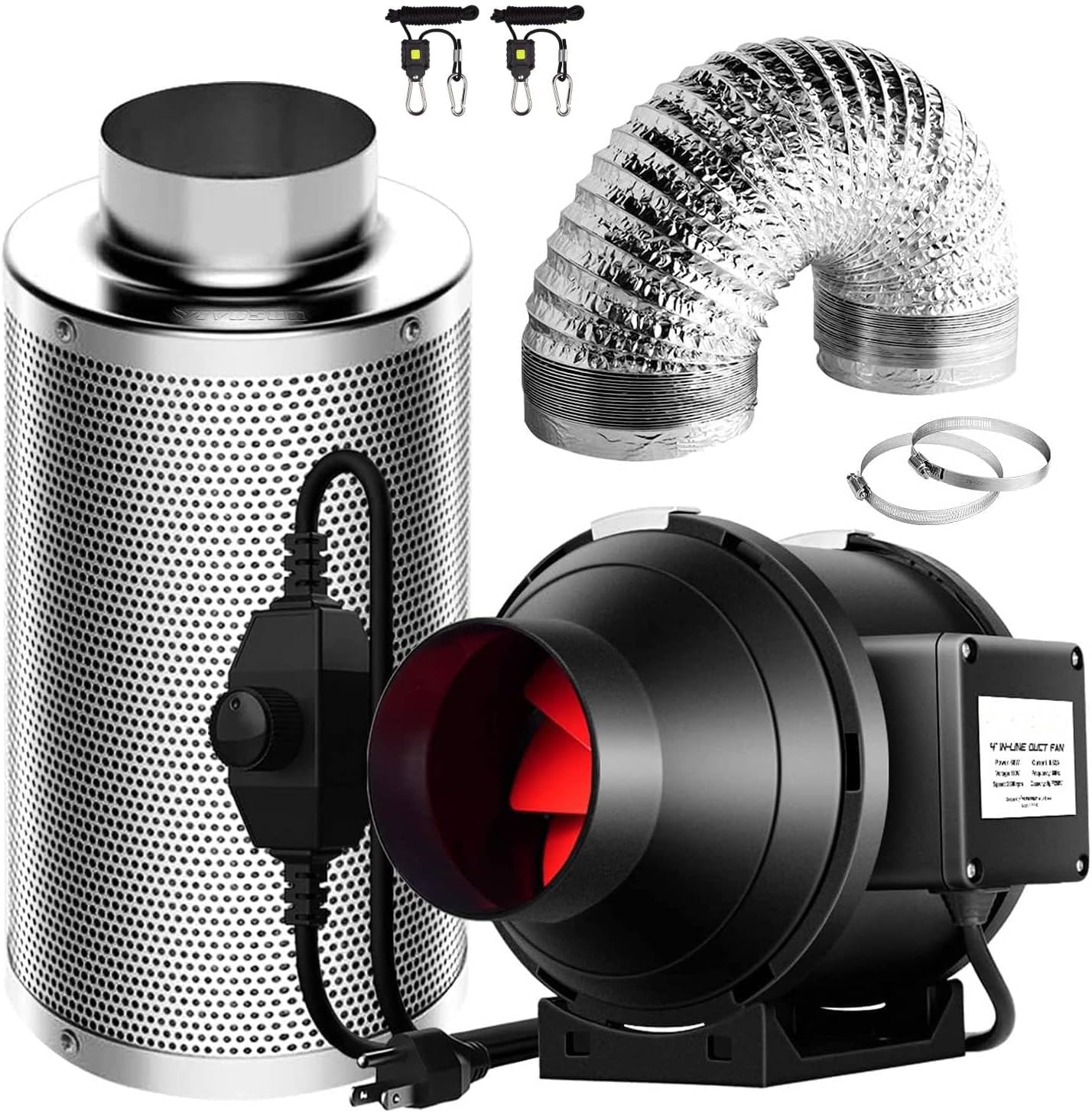 SunStream Ventilation Kit 4 Inch 190 CFM Inline Fan with Speed Controller, 4 Inch Carbon Filter and 25 Feet of Ducting for Grow Tent with 1/8'' heavy duty rope