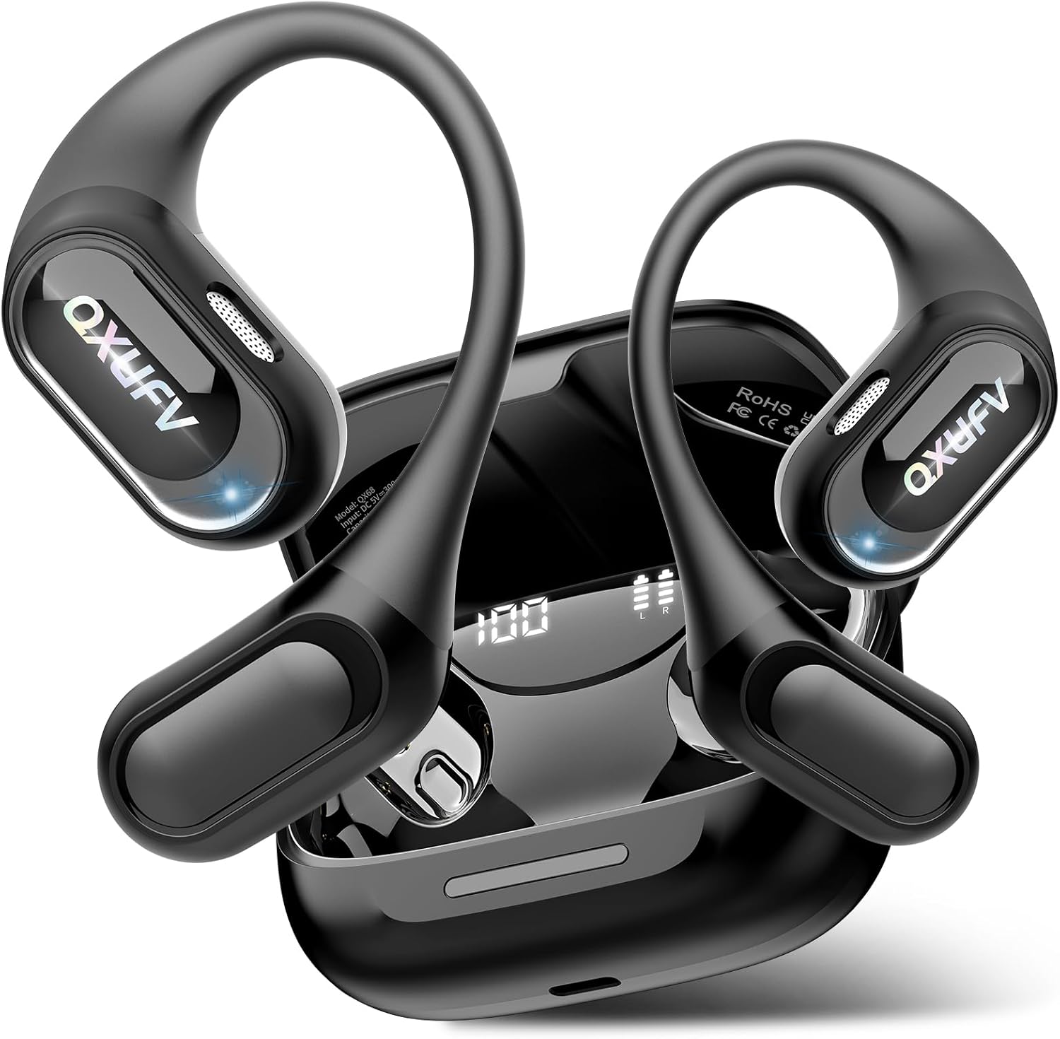 QXUFV Open-Ear Headphones, Bluetooth 5.4 Wireless Earbuds Deep Bass, 48H True Wireless Bluetooth Earphones with Mic, Adjustable Earhook Open Ear Earbuds, IPX7 Waterproof Earphones for Running/Fitness