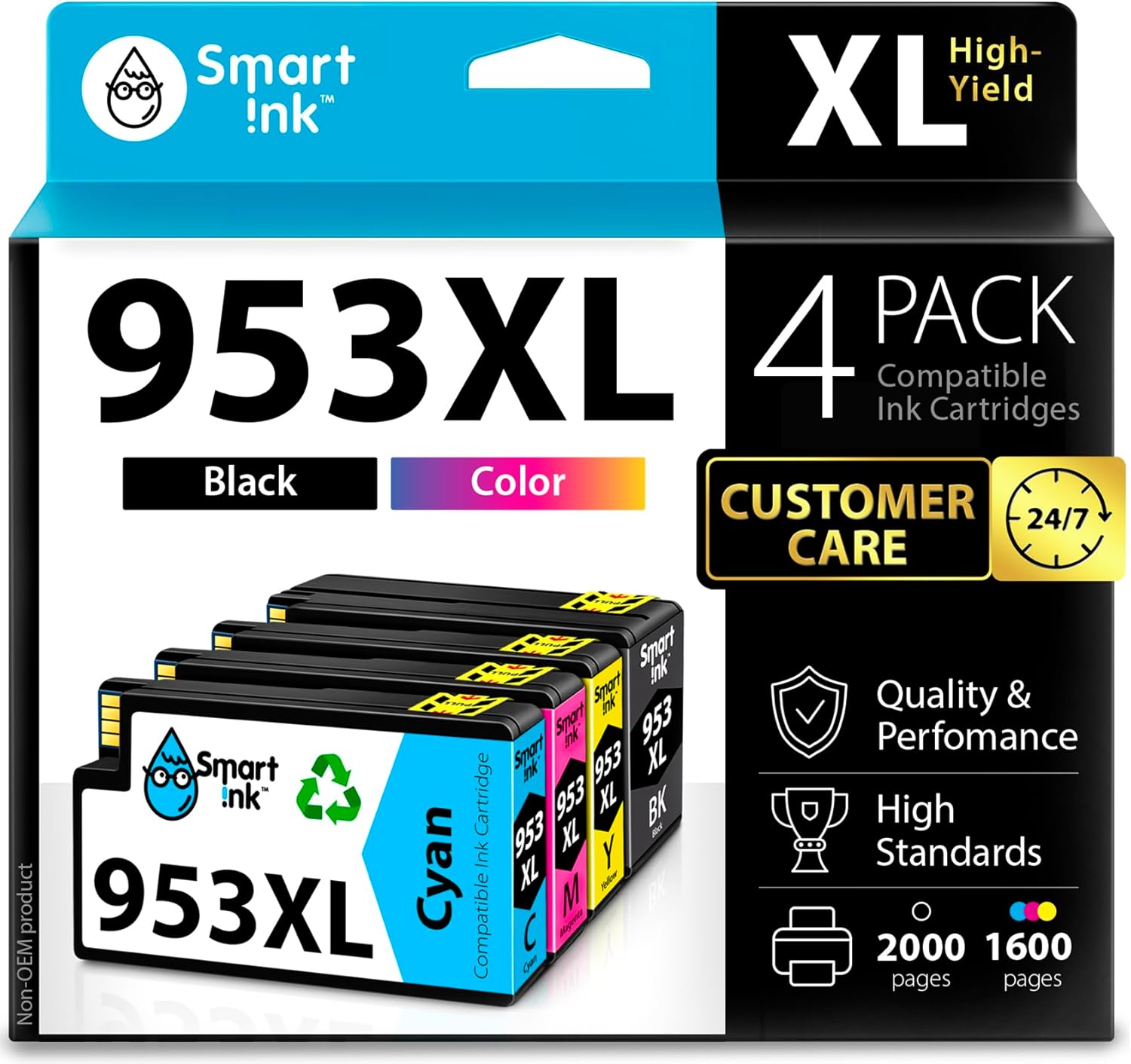 Smart Ink Compatible Ink Cartridge Replacement for HP 953XL 953 XL 4 Multipack (Black XL & C/M/Y) with Advanced Chip Technology to use with HP Officejet pro 7720 7730 7740 8710 8715 8720 8725 Printer