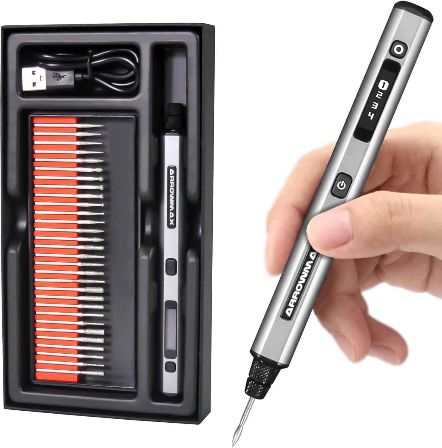 ARROWMAX Mini Engraving Pen: Ultimate Cordless Portable Tool for Artists & DIYers - Engrave 50+ Surfaces - Beginner Friendly - Rechargeable - Free 30 Bits
