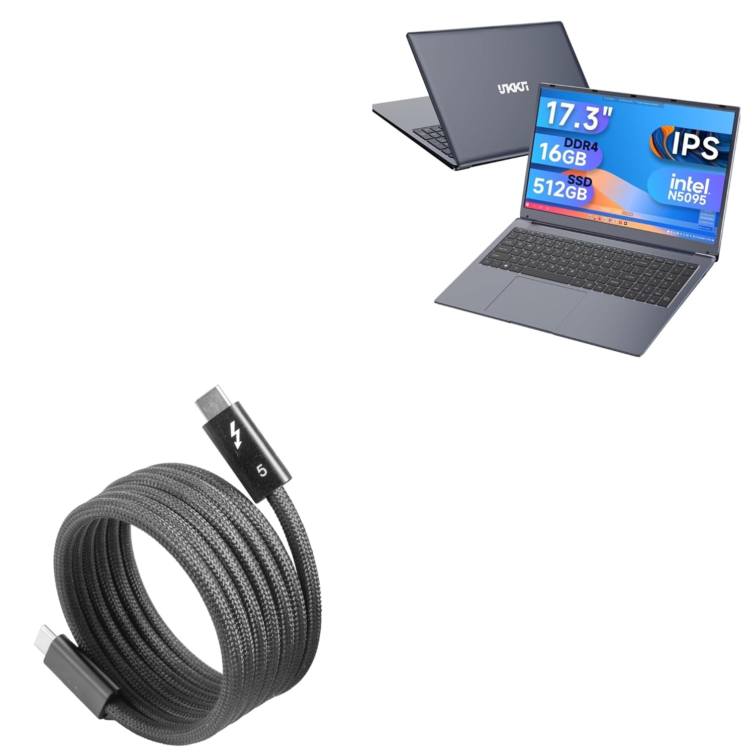 BoxWave Cable Compatible with IJKKJI MTL1561 Windows 11 Laptop (17.3 in) - SnapWrap Thunderbolt 5.0 Cable (5ft 240W), Magnetic Self-Coiling Nylon Braided Retractable - Jet Black