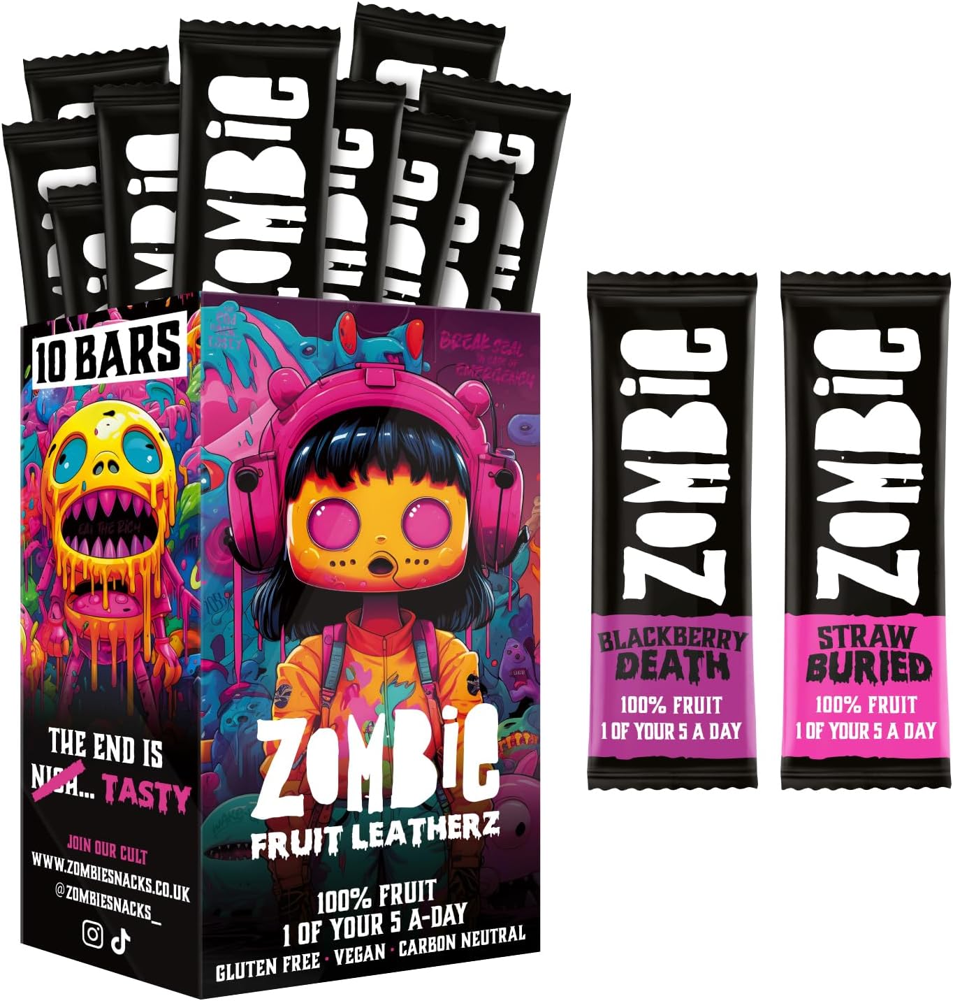 Zombie Fruit Bars, Strawberry & Blackberry (10 Bars, 2 Flavours), 100% Dried Fruit, Healthy Snacks for Adults, Kids, Low Calorie, Gluten Free, Vegan, Halal, Bulk, Real Fruit, No Added Sugar, Natural