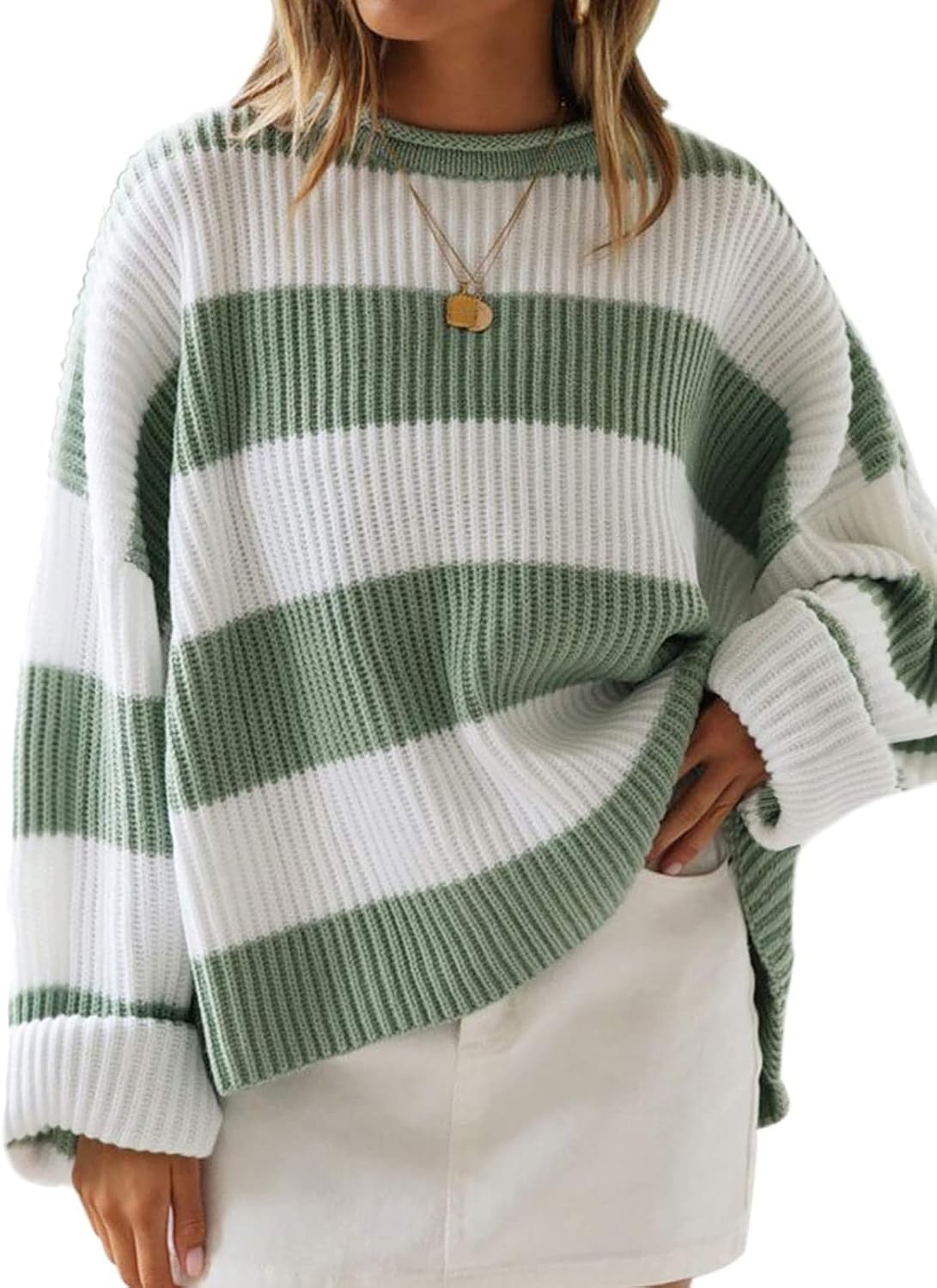 ZESICA Women's 2024 Fall Long Sleeve Crew Neck Striped Color Block Comfy Loose Oversized Knitted Pullover Sweater