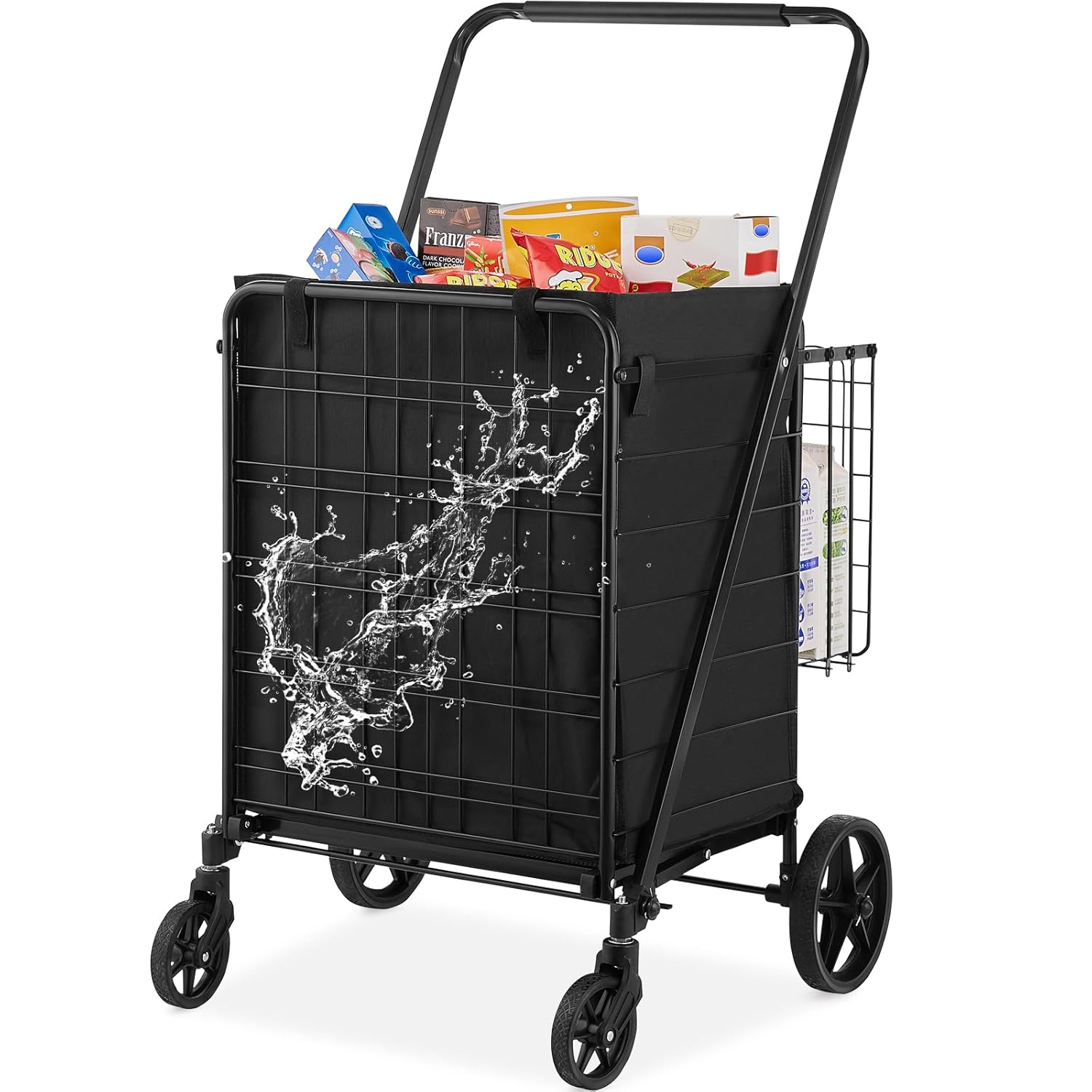VEVOR Folding Shopping Cart with Removable Waterproof Liner, 210LBS Large Capacity Jumbo Grocery Cart with Dual Basket, 360° Swivel Wheels, Dense Metal Mesh Base, Heavy Duty Utility Cart for Shopping