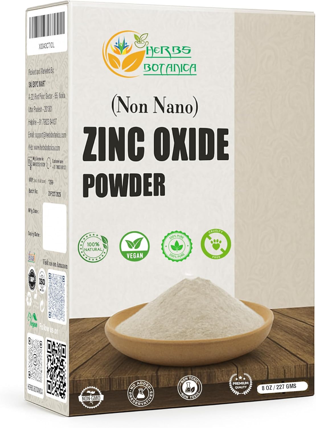 Herbs Botanica Zinc Oxide Powder Non Nano Zinc Oxide Powder Organic for Skin Protection, Healing, Baby Diaper Rash Cream, Sunscreen, Acne, Cosmetics, DIY Cream Pharmaceutical Grade 8oz / 227 GMS
