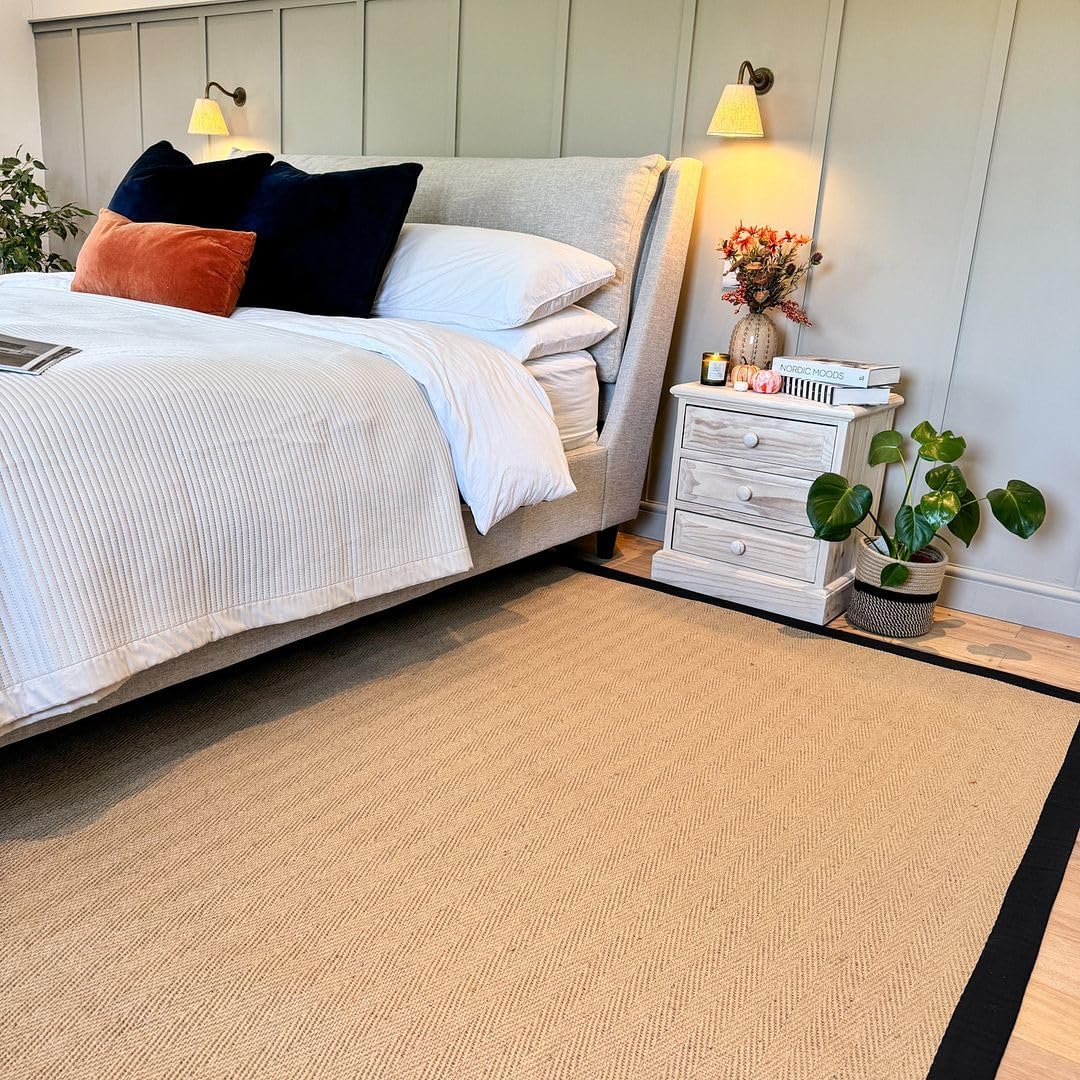 Jute Black Cotton Bordered Rugs Brown Beige Herringbone Chevron Rubber Backed Bedroom Livingroom Living Home Area Rug 120cm x 170cm (3ft 11" x 5ft 7")