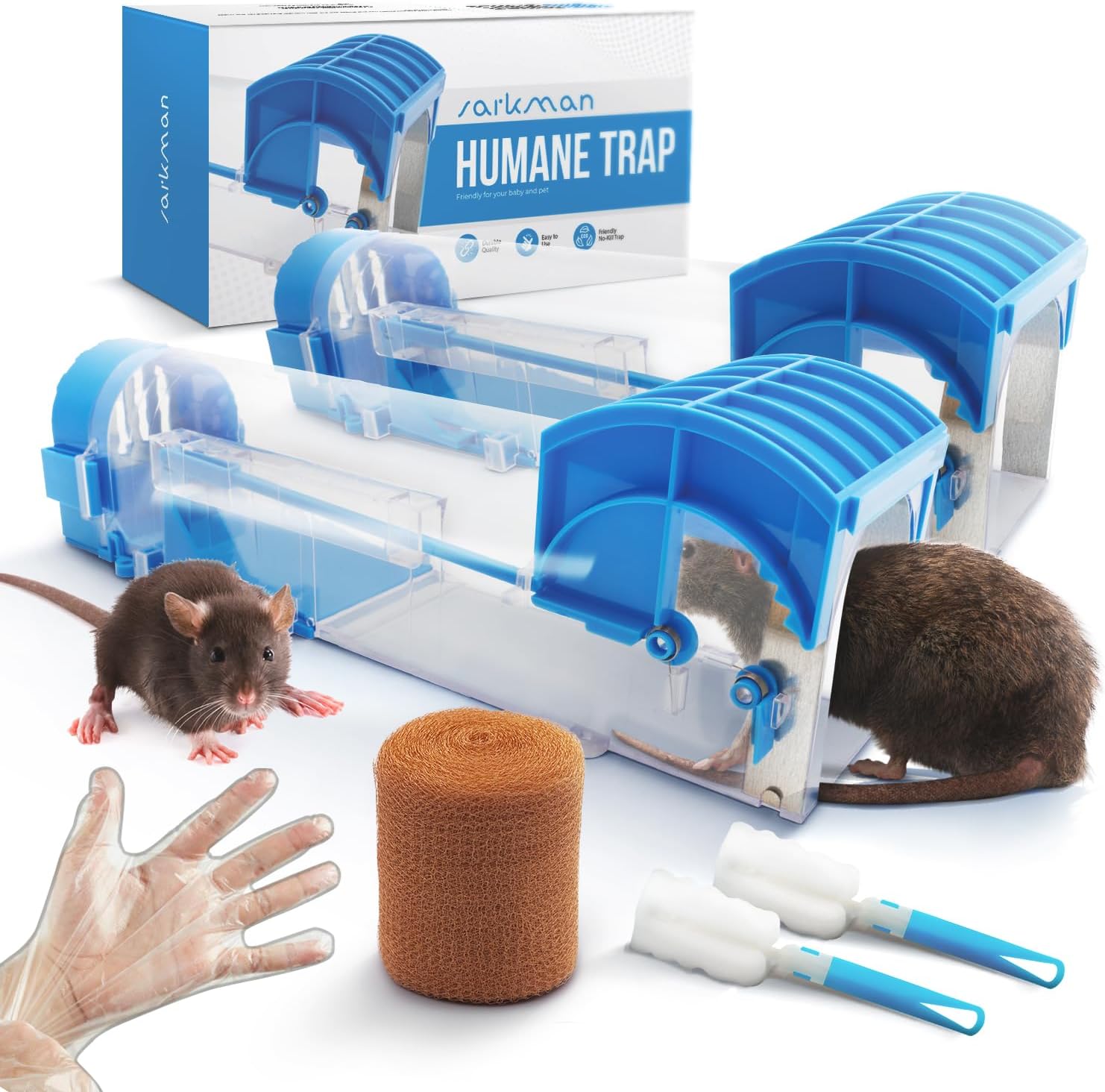 sarkman Humane Mouse Traps 2x For Indoors & Outdoor - For Home Use Rat Trap Repellent Poison Poisoning Kill Free. Indoor Live Cage Squirrel, Mice Safe Mouse-trap. Best Strong Rodent Mousetrap Work SET