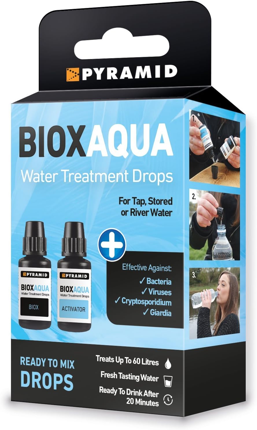 Pyramid Biox Aqua Chlorine Dioxide Water Treatment Drops for Travellers Camping Backpackers - treats 60 litres